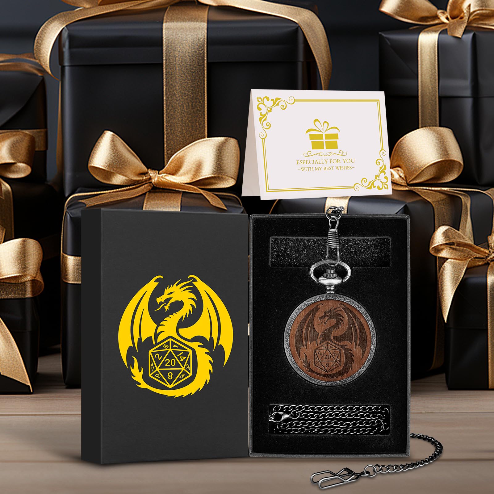 Set di Dadi Mini DND con Custodia per Orologio da Tasca Inciso, 7 pezzi di Dadi Poliedrici D&D in Metallo, Regalo di DND con Scatola Regalo, Accessori per Giochi da Tavolo di Ruolo, Argento Scuro