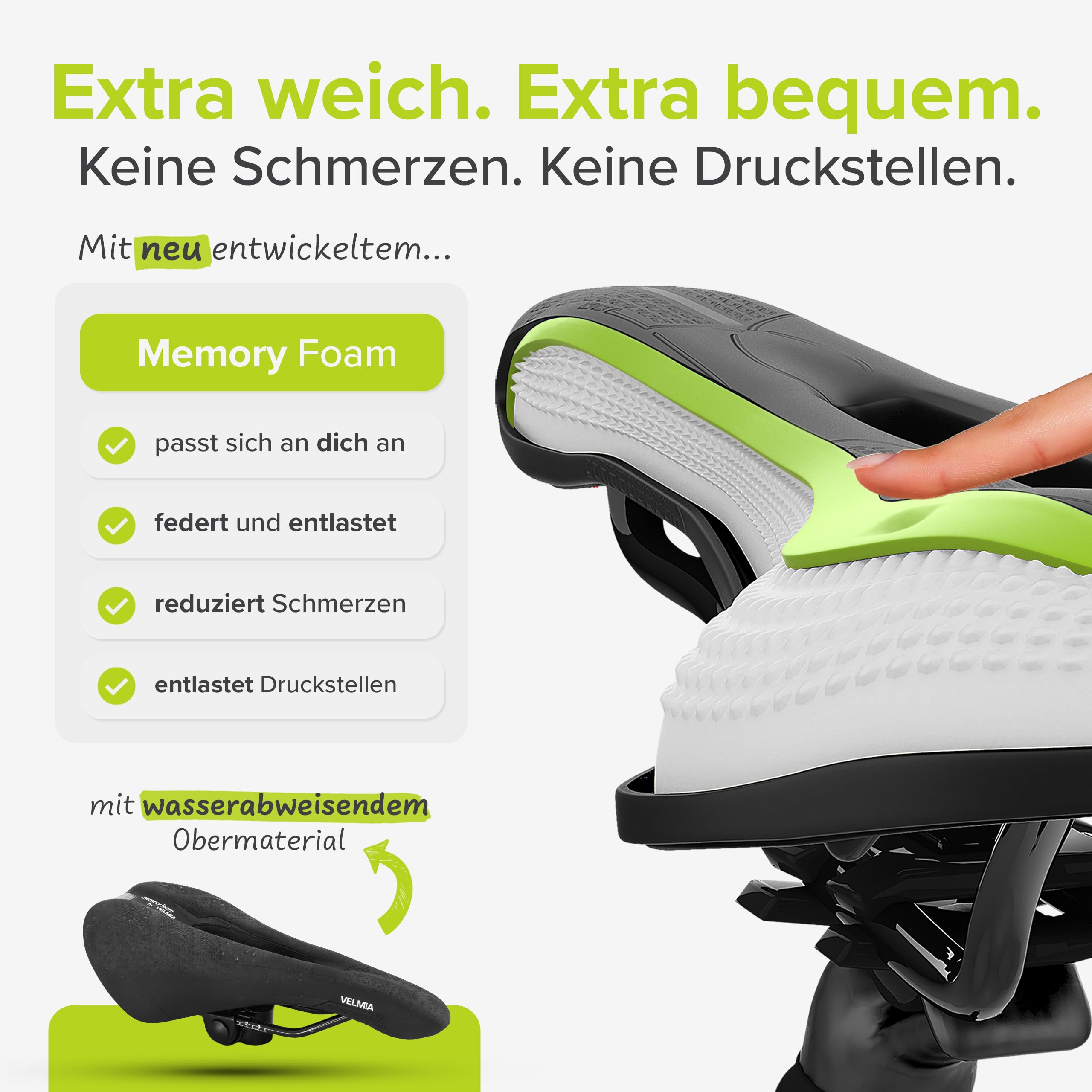 Velmia Bicycle Saddle for City Bikes, Comfortable Saddle for Men and Women with Innovative 3-Zone Concept and Memory Foam, Waterproof Bike Seat with 