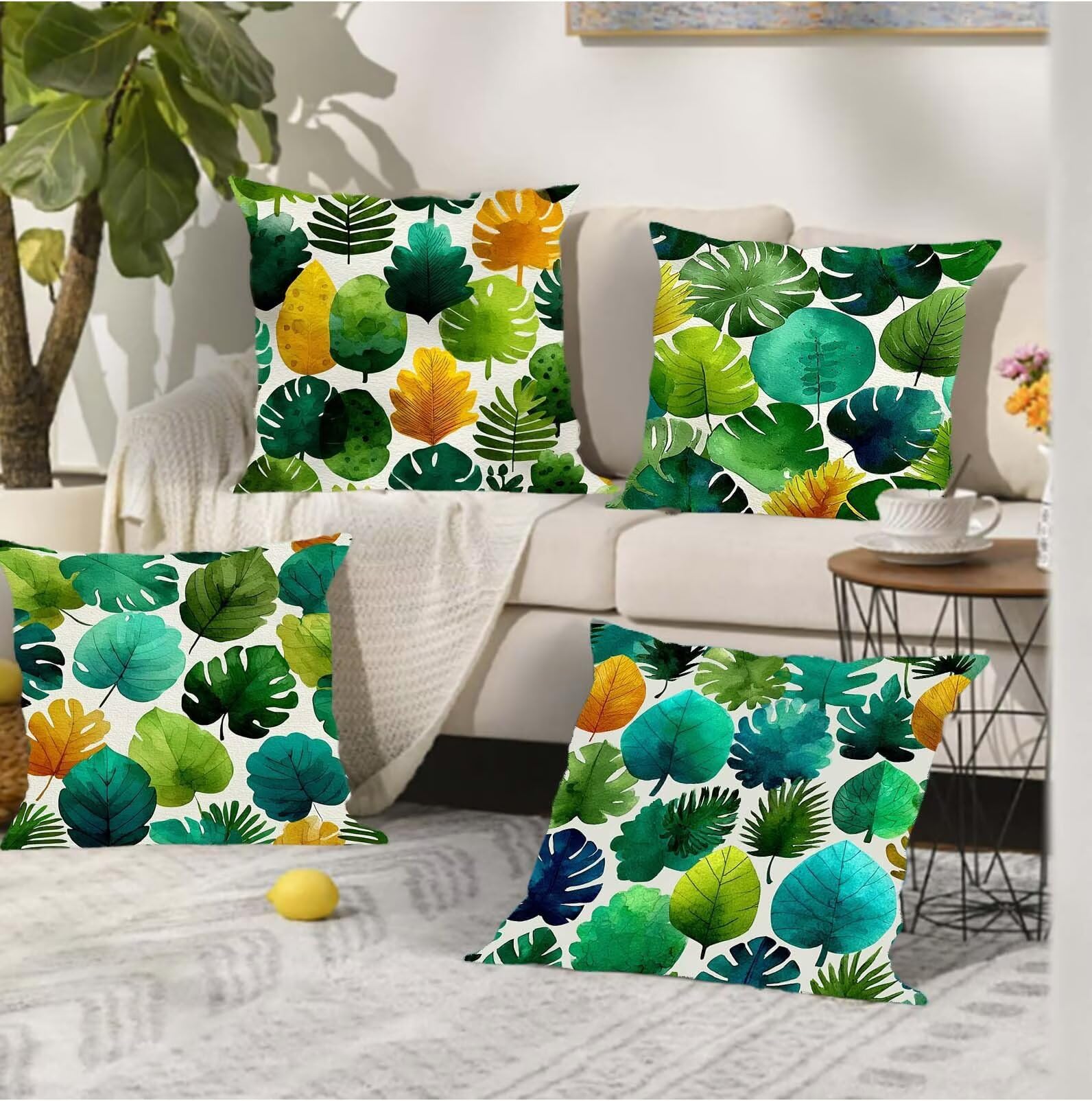 Outdoor Kissen Wasserdicht Blätter Grün, Kissenbezug 80x80 (4er Set Kissenbezüge), Dekor Kissenbezüge Weich Dekokissen Modern Verstecktem Reißverschluss Leinen Kissenhülle Sofakissen Wohnzimmer s-554