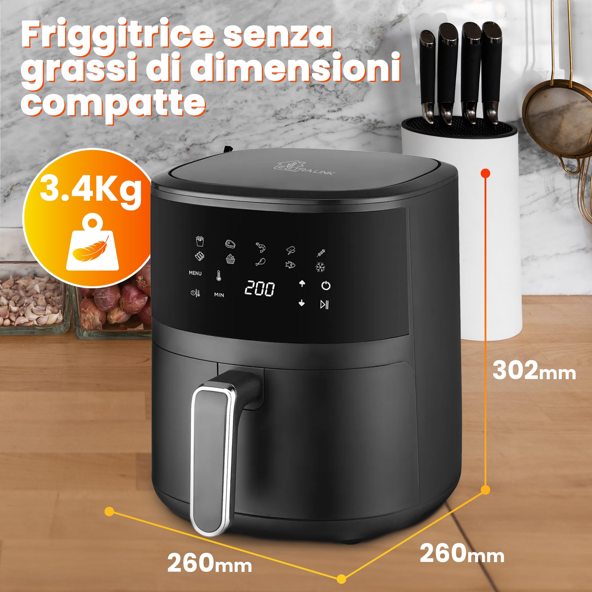 Extralink Friggitrice ad Aria 4,2L 1400W Air Fryer 10 Programmi Touch