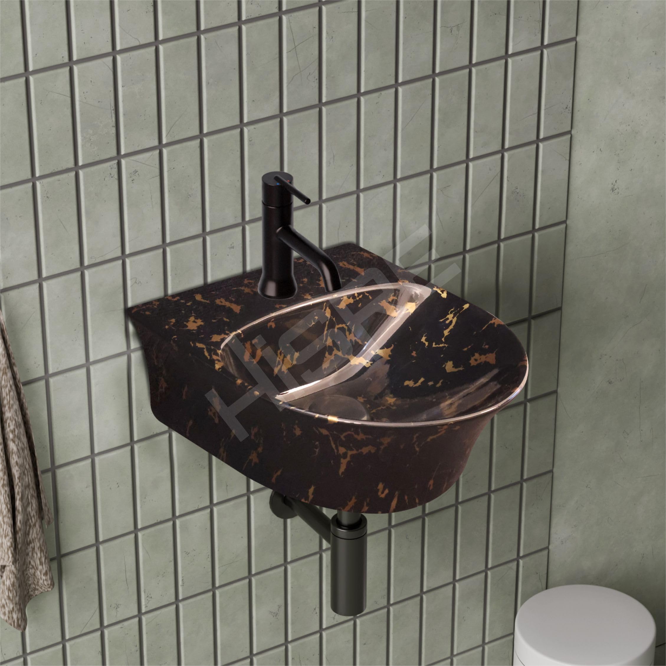 HISRE Wall Mount Wash Basin 13x14x5 Inch | Modern Black and Gold Marble Design Ceramic Sink | Rectangular Bathroom Basin for Home, Office & Hotels, photo 1 of 5