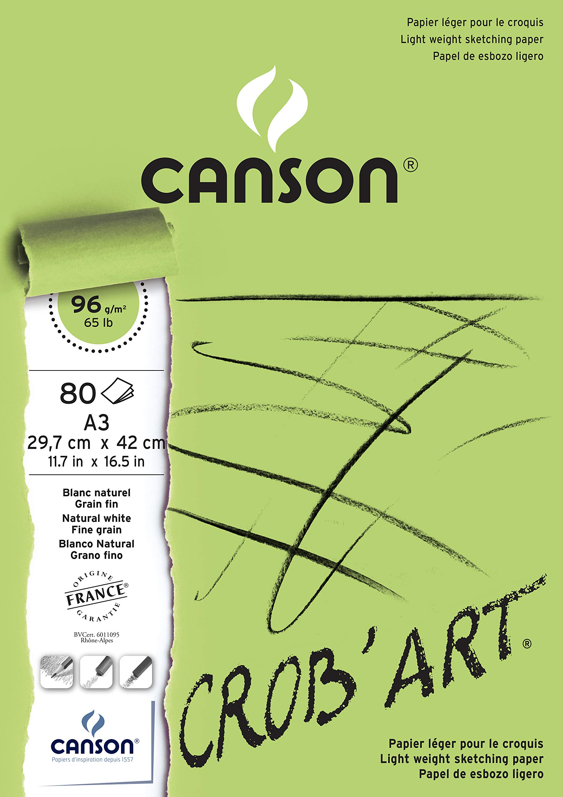 Canson 400100171 Crob'Art Bloc de papier à dessin collé petit côté 80 feuilles 96 g A3 Blanc naturel