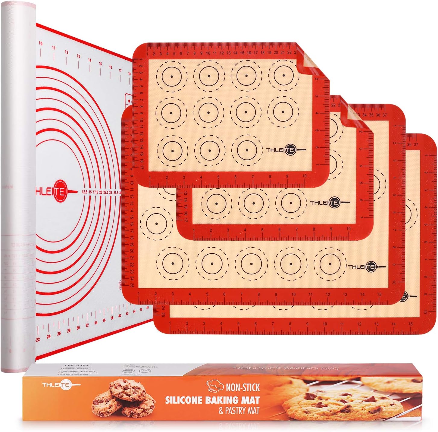 THLEITE Non Stick Silicone Baking Mat - Macaron Silicone Baking Mat & Pastry Mat with Measurement (5-Piece Set), 2 Half Sheet + 2 Quarter Sheet + 1 Pastry Mat - Macaroon/Pastry/Pizza/Cookie Making