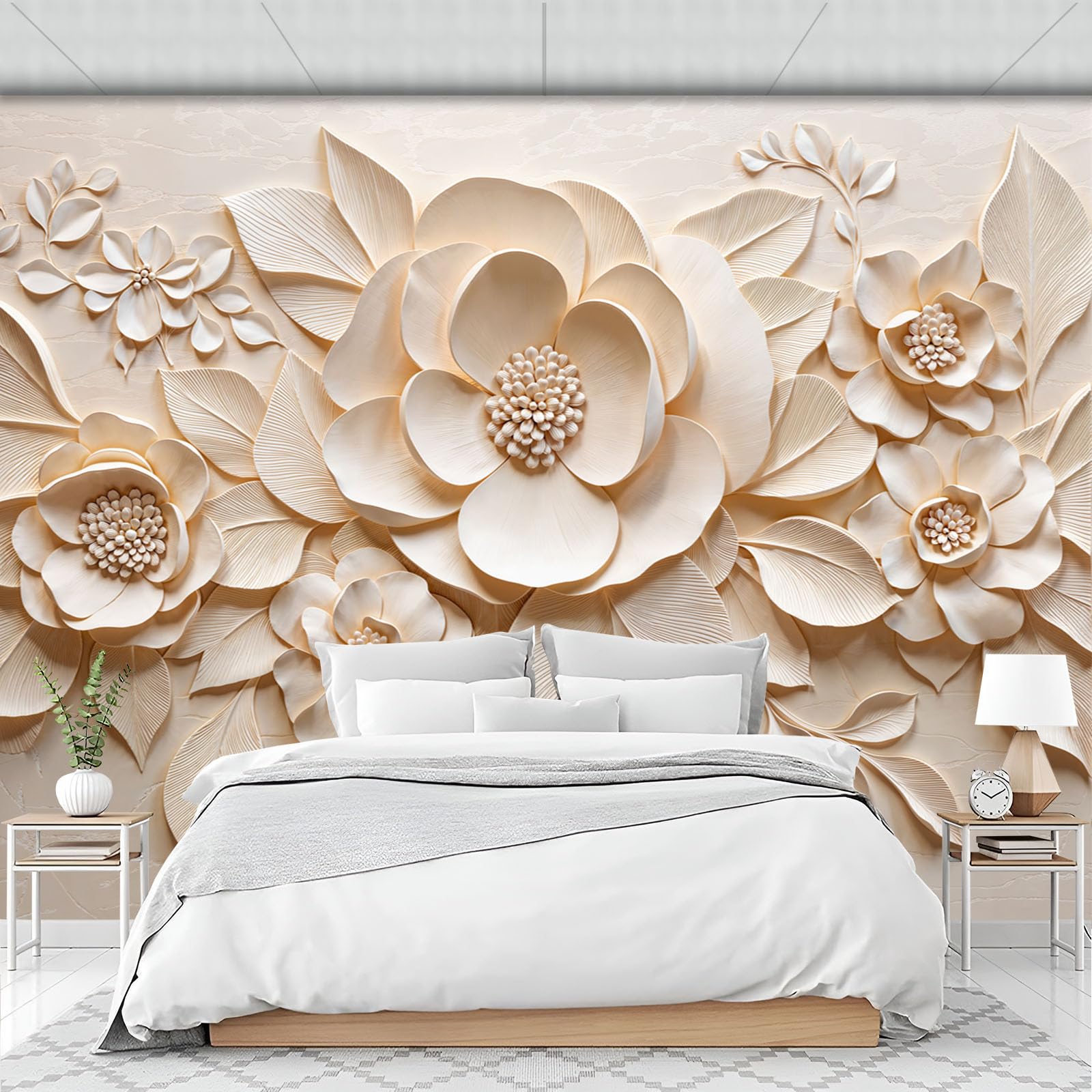 Papier peint panoramique effet plâtre sculpté en 3D pour un décor mural raffiné