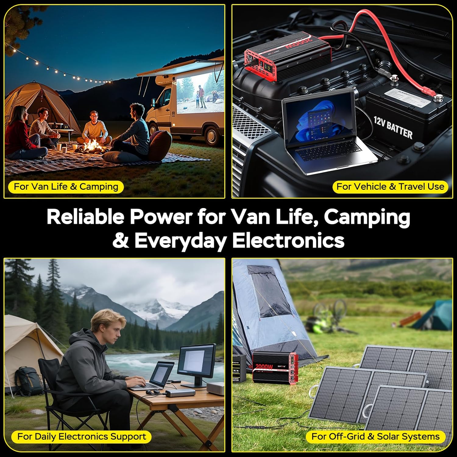 2000W Power Inverter 12V DC to 110V/120V AC Converter, Peak Power 4000W Car Inverter with LCD Display, 2 AC Outlets, 3.1A USB Port for Vehicles, Camping, Travel, Emergency Use