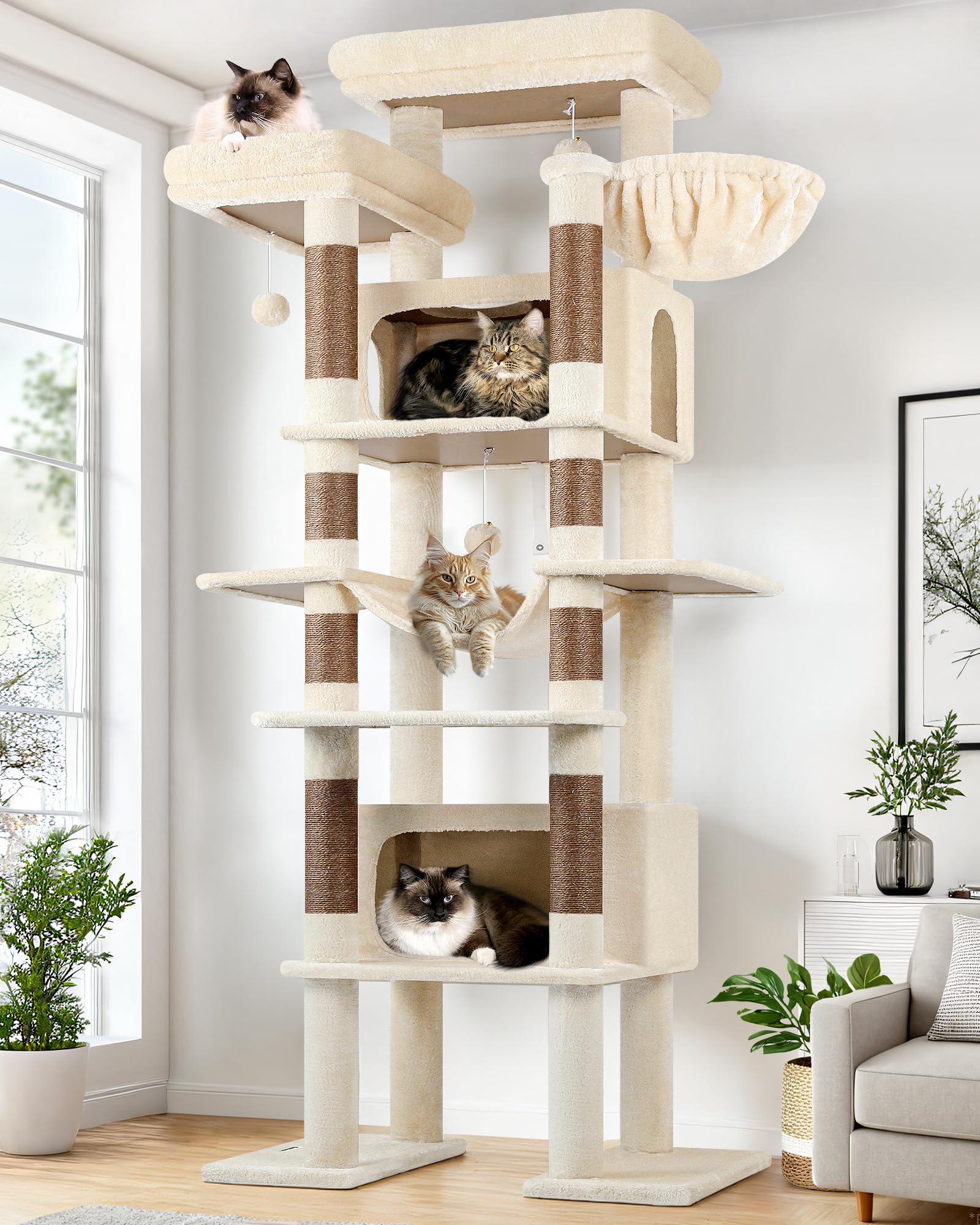 Globlazer Árbol Rascador para Gatos Beige Grandes XXL Alto 213 cm con 2 Grande Nidos 50*30*30CM, 2 Plataformas, Percha, Cesta, Lujo Estable Torre Gato Multinivel para Vario Gatos Adultos (F83B, Beige)