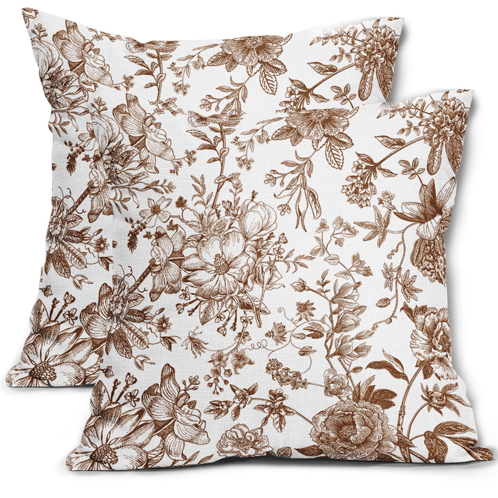 Brown and White Pillow Covers 18x18 Inch Set of 2 Vintage Brown Floral Throw Pillow Covers Morden Outdoor Flower Pillowscase Cotton Linen Cushion Covers for Sofa Couch Bedroom Home Decor