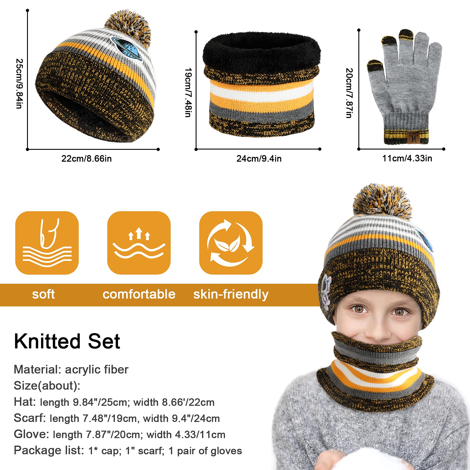 TAGVO 3in1 Invierno Set de Bufanda, Gorro y Guantes para niños, Invierno Grueso Polar, Tejido térmico, Bufanda, Guantes, para niños, niños, niñas, de 3 a 6 años, Conjuntos de Accesorios de Invierno