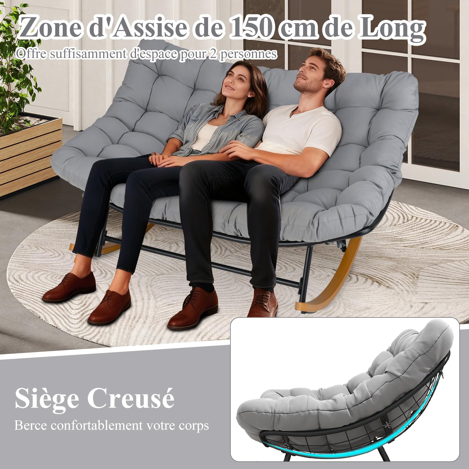 COSTWAY Fauteuil a Bascule, Rocking Chair pour 2 Personnes avec Coussin Épais Amovible, Cadre en Métal, Fauteuil Allaitement, Chaise a Bascule pour Salon, Chambre, Balcon, Charge 320 kg, Gris