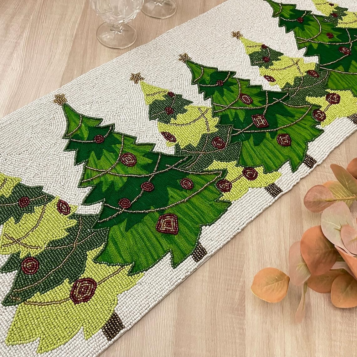 Enliven Handmade Table Runner with Bead Work and Embroidery for Christmas, 13x36 Inch - Festive Home Décor