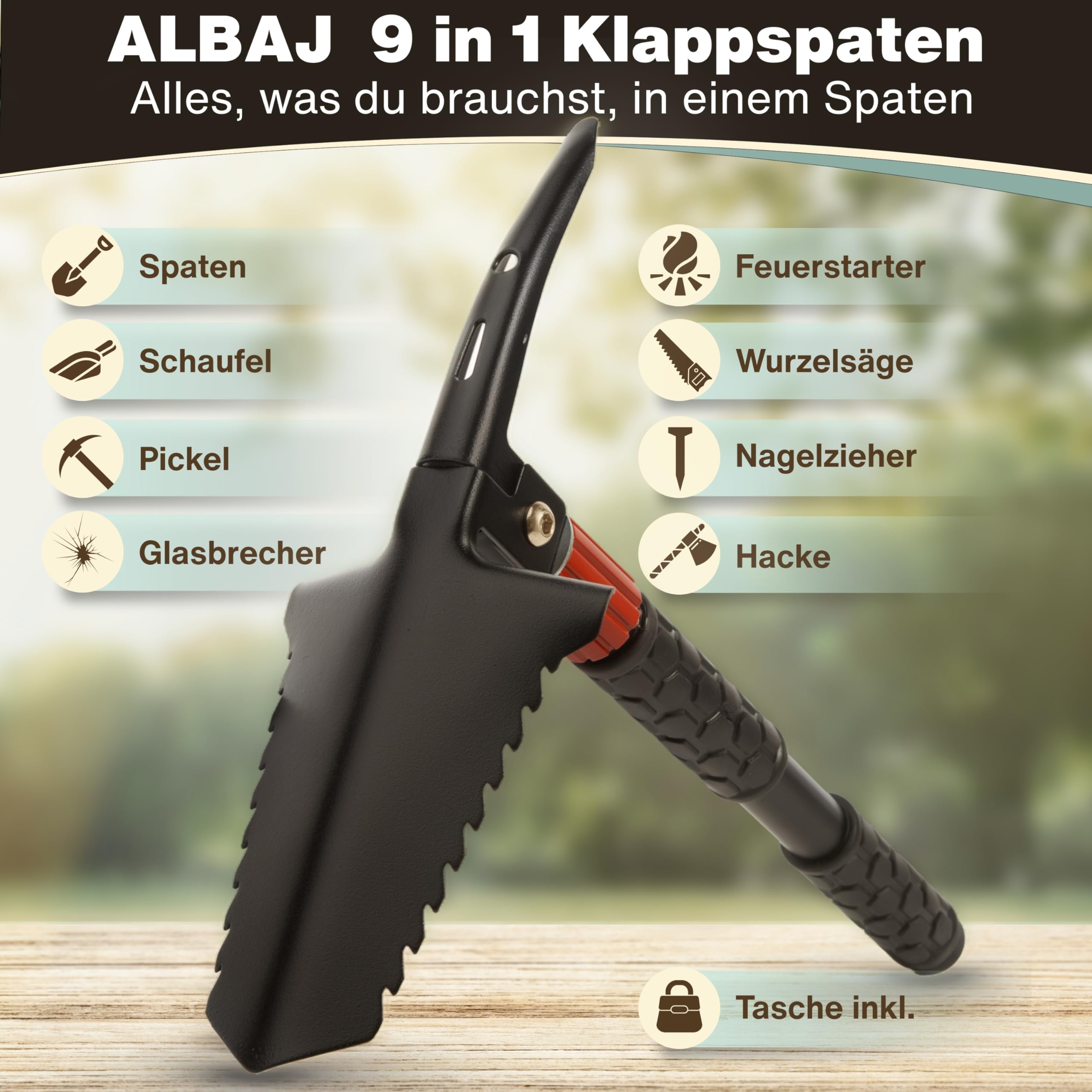 Pala plegable 9 en 1 – Pala plegable de supervivencia con sierra de raíz, acero para fuego y bolsa – Herramienta compacta al aire libre – Regalos para hombres, ideal para camping, bushcraft y