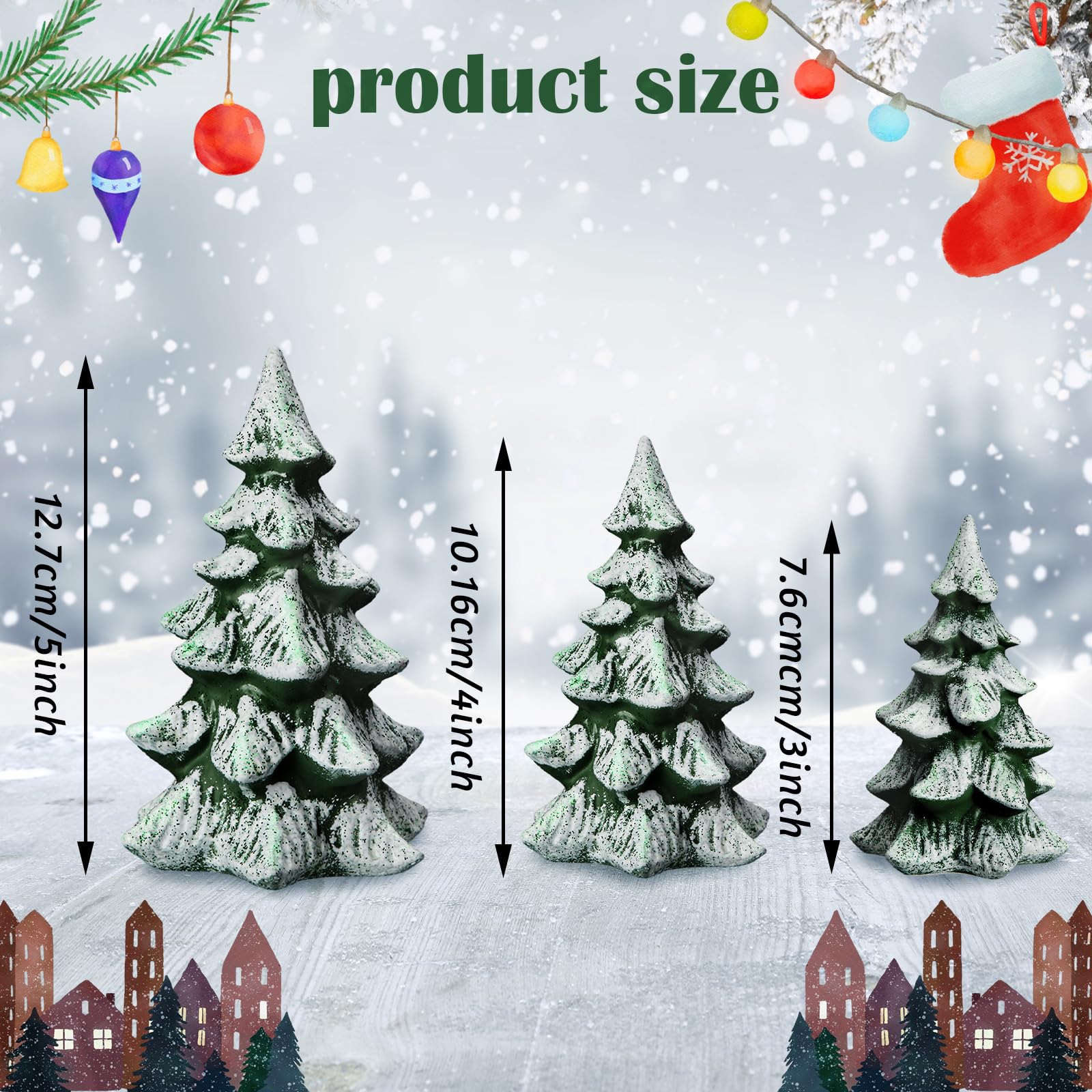 Condition photo showing Good Condition for Poen Set of 3 Ceramic Christmas Tree Decorative Christmas Tree Artificial Tabletop Mini Christmas Village Trees for Home Desktop Decoration, 5 Inch 4 Inch 3 Inch