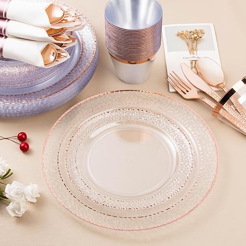 Miniatura 4 de 350 platos de plástico transparente con ribete de oro rosa para 50 invitados, juego de vajilla desechable para fiestas, bodas, incluye 100 platos de