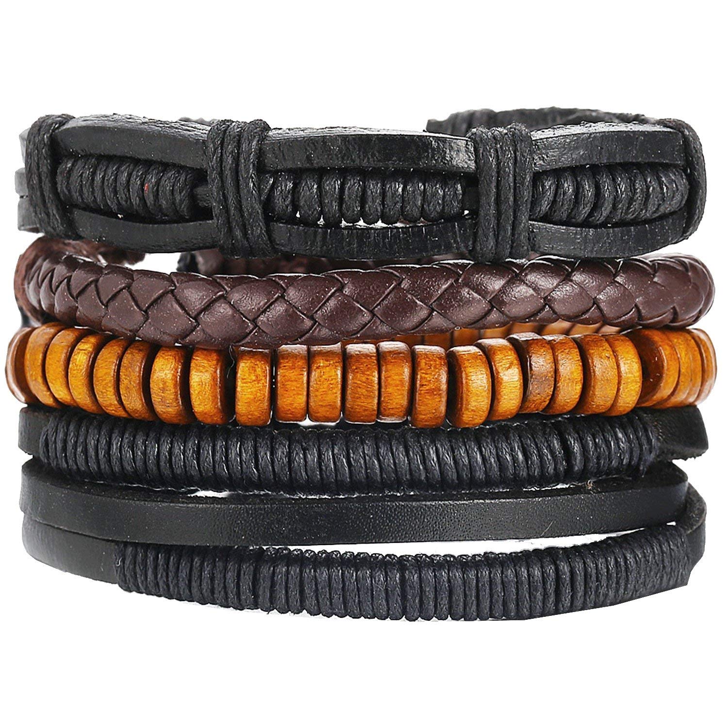 Leather Vintage Biker Cotton Thread Wood Strap Hamsa Hand Peace Owl Leaf Stackable Multi-strand Wrist Band Bracelet Combo Pack Of 2 Boys Men's-image-49