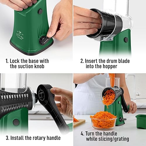 Miniatura 9 de Zulay Kitchen Rallador rotativo de queso de 5 cuchillas, rallador de queso manual de manivela con succión reforzada y 5 tambores intercambiables,