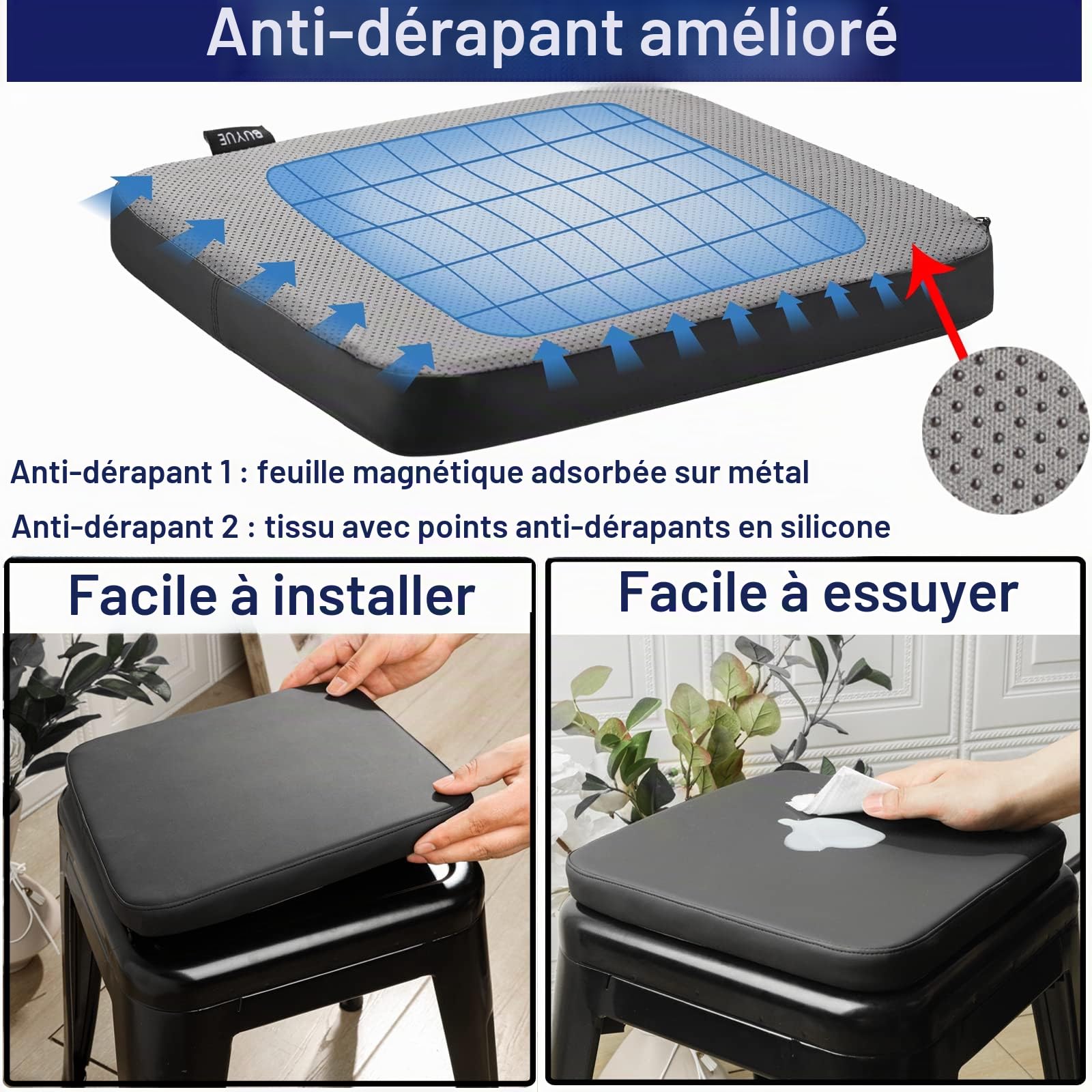 BUYUE Lot de 4 Coussins de Tabouret de Bar magnétiques antidérapants et empilables en Cuir synthétique de Luxe - pour café, bistrot - Carré, Noir, 4