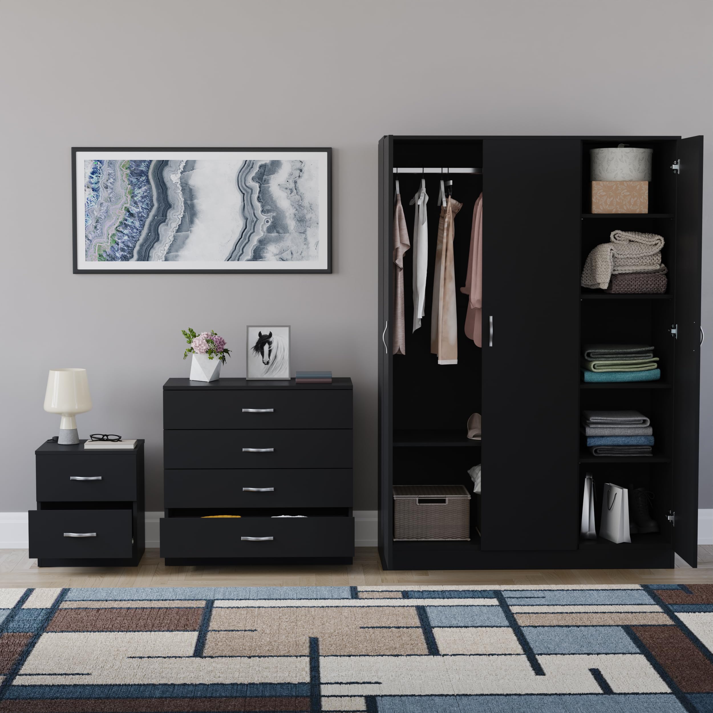 Vida Designs Riano - Juego de dormitorio de 3 piezas (mesita de noche de 2 cajones, cómoda de 4 cajones, armario de 3 puertas), color negro (5)