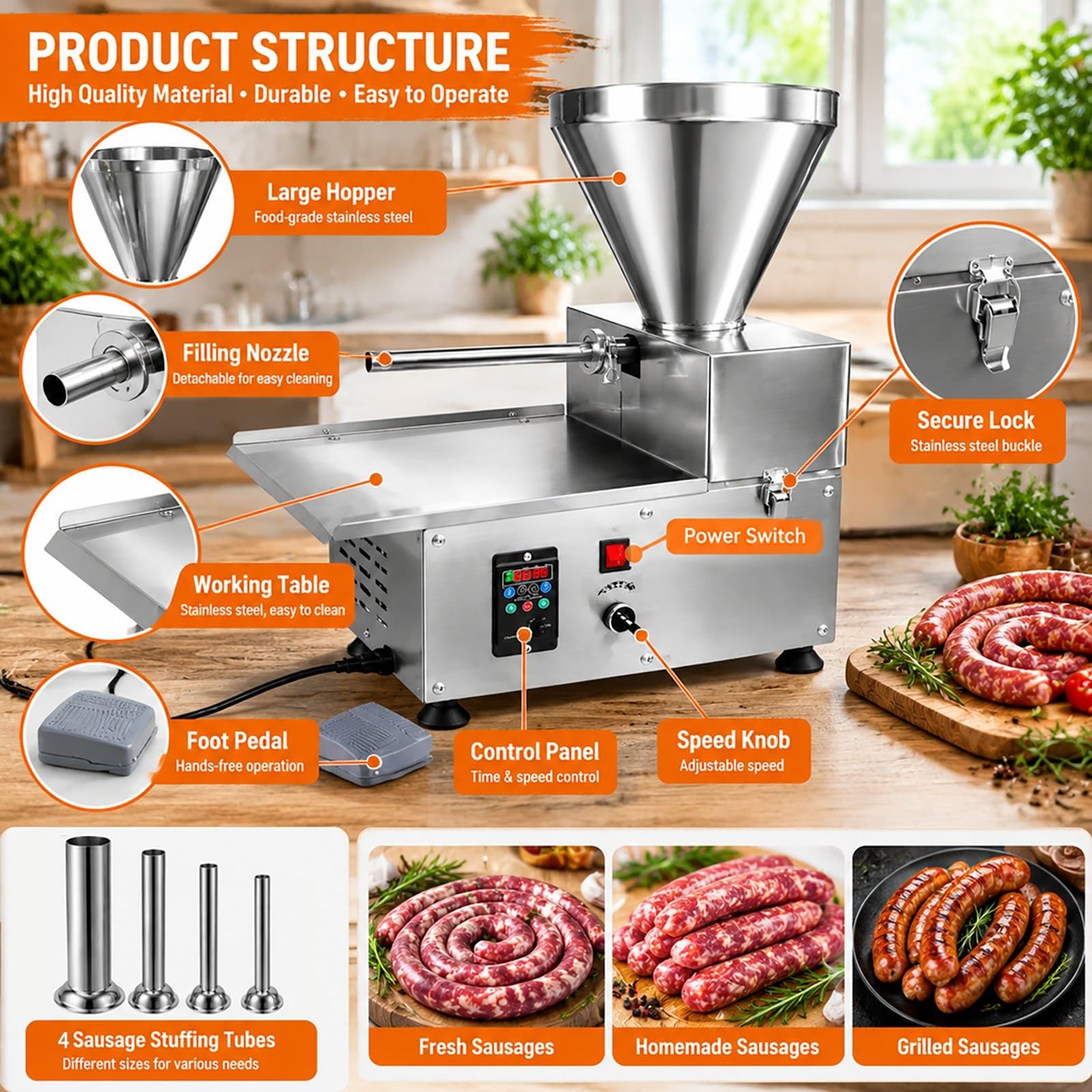 Insaccatrice Elettrica Commerciale, 440 Lb/h Riempitore Automatico Di Carne