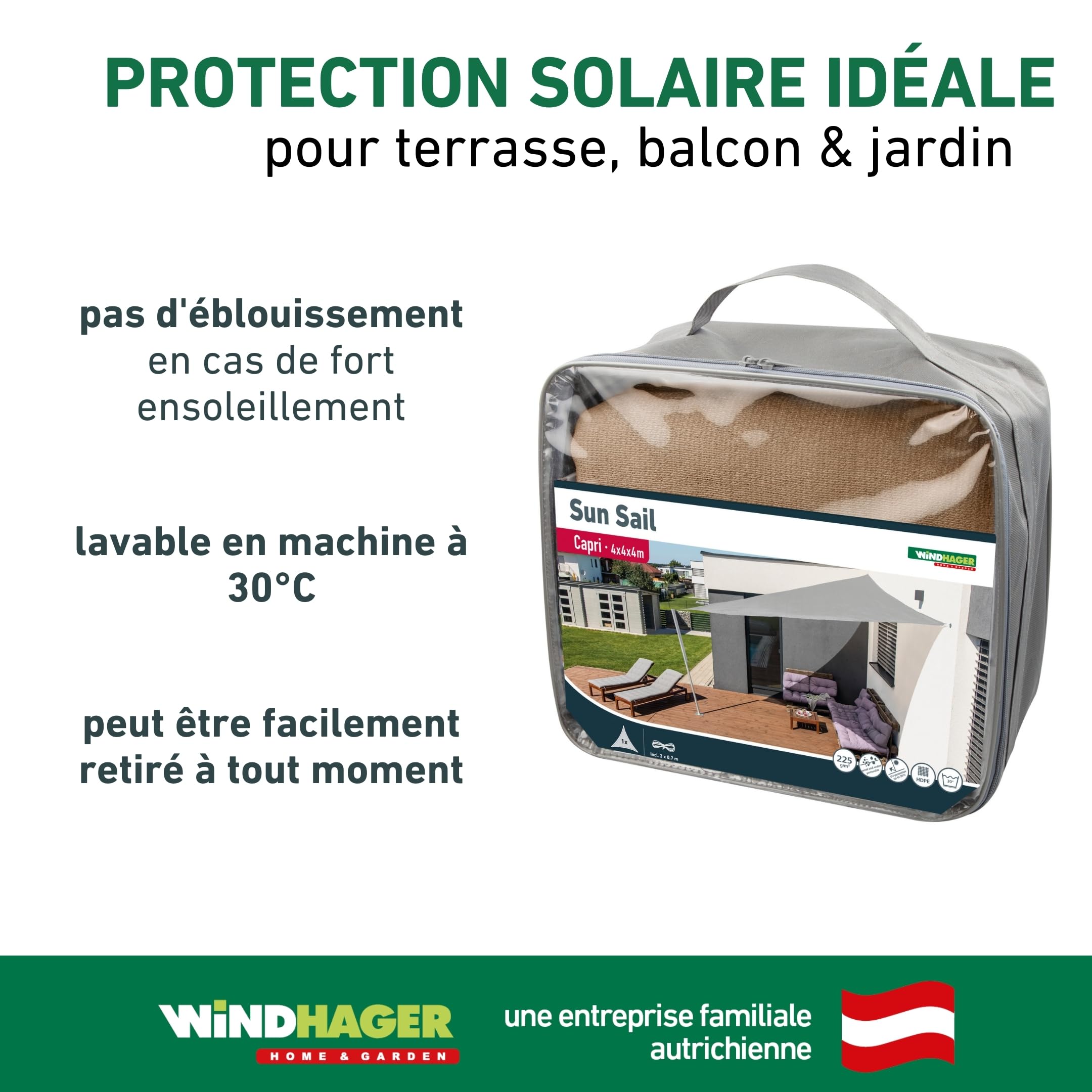 Windhager Capri 10751 Voile d'ombrage Triangulaire 4 x 4 m (égalise) Protection Solaire pour Jardin et terrasse Anches résistantes aux UV et aux intempéries
