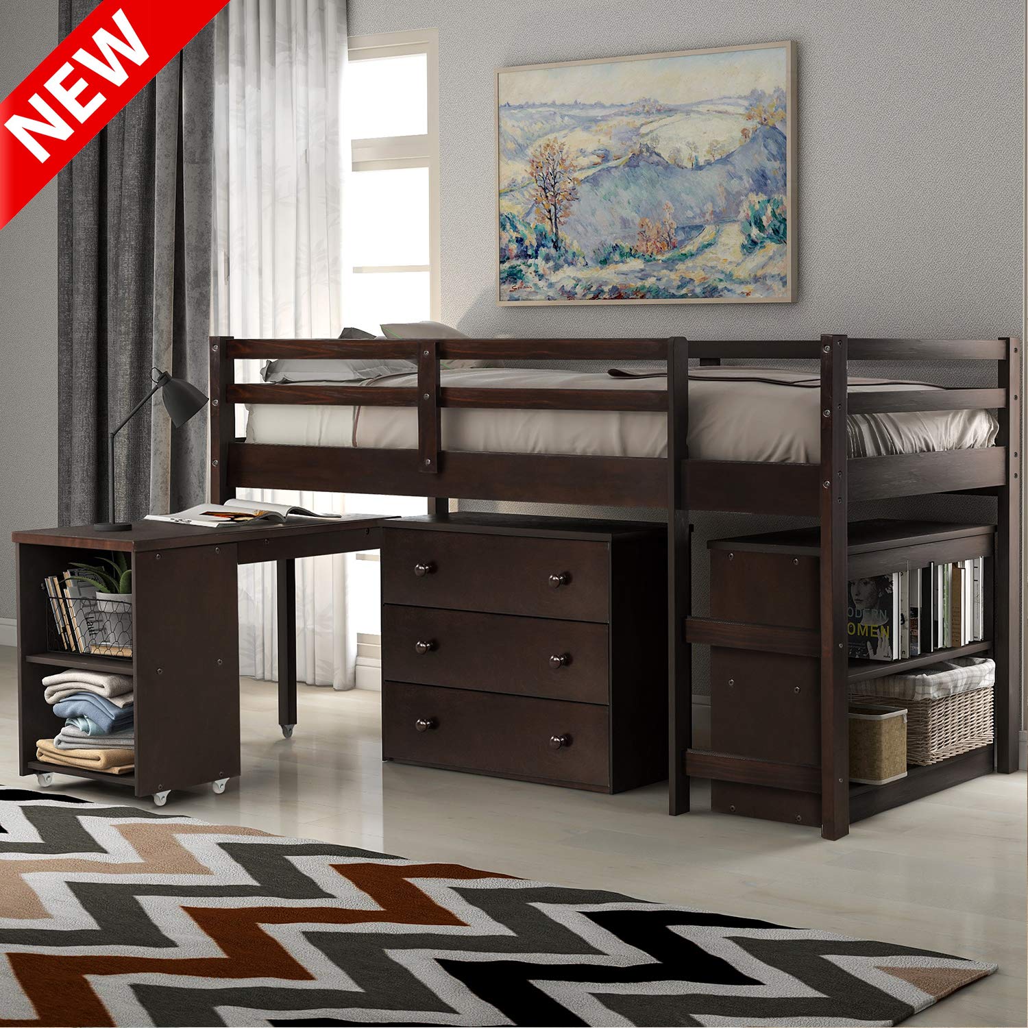 Buy DANGRUUT Luxurious Low Study Loft Bed, Stronger Solid Wood Twin
