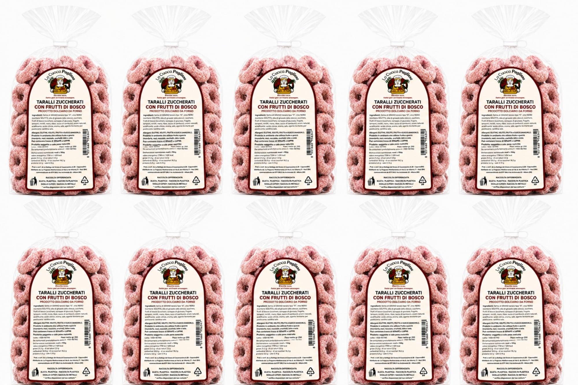 La Cuoca Pugliese - Taralli Zuccherati ai Frutti di Bosco Friabili, taralli dolci artigianali pugliesi, con frutti di bosco e vino nero, 10 x 250 g, specialità pugliese