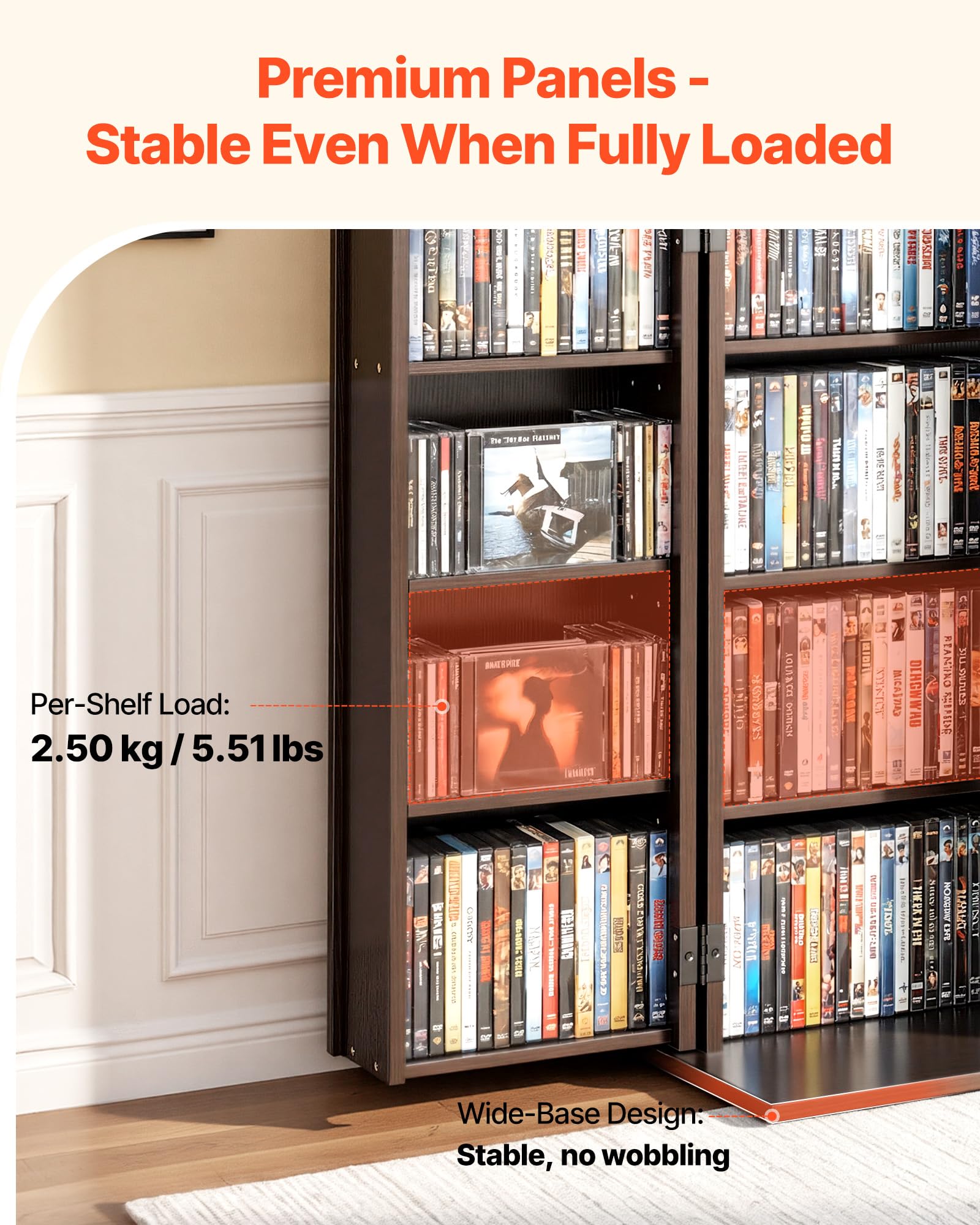 VEVOR Estantería de Pared, 610 x 368 x 846 mm, Armario de Almacenamiento de 16 Compartimentos, Estantes Ajustables, Dispositivos Antivuelco, para CDs DVDs Libros, Mueble para Salón Oficina, Marrón
