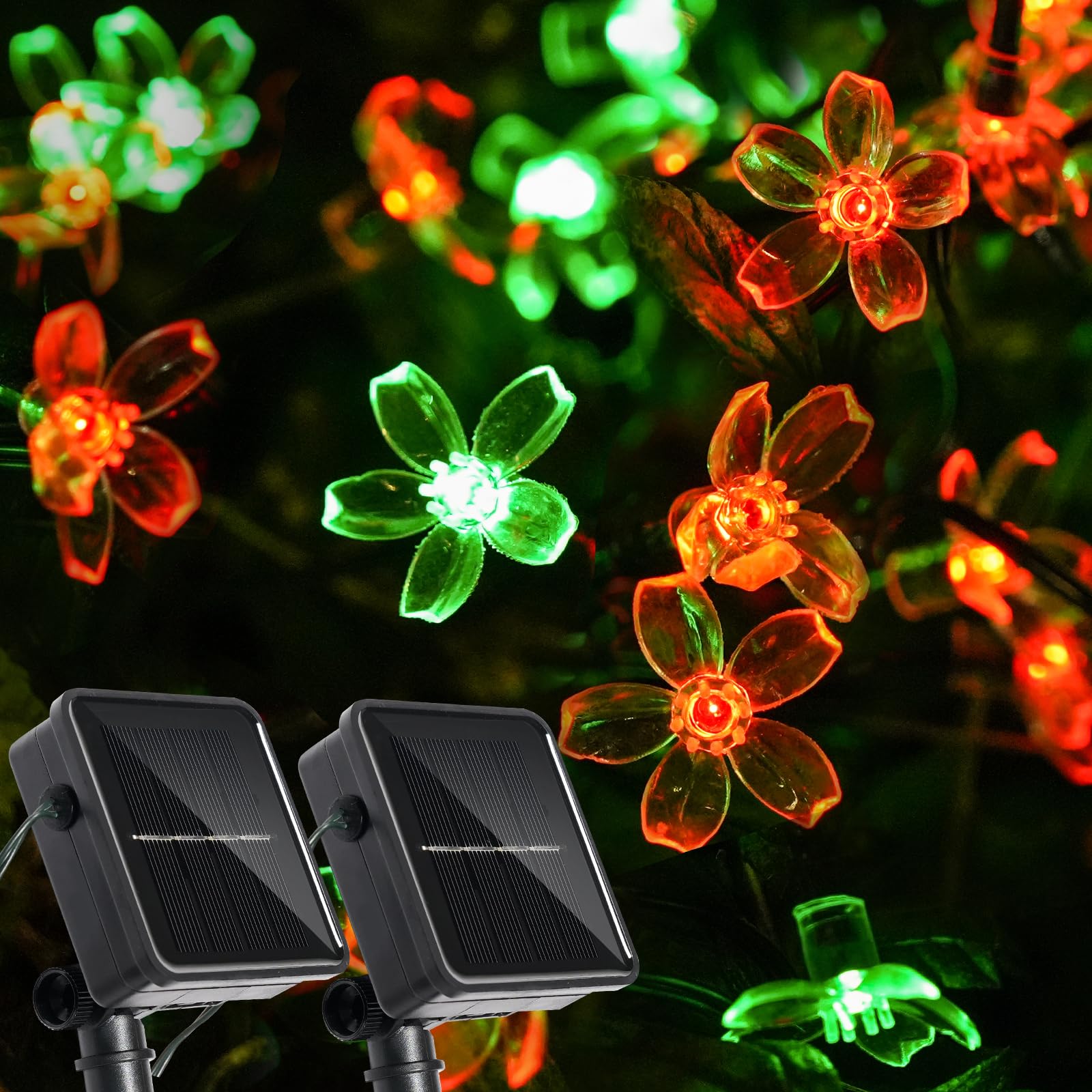 Vruxuri 2 Pack Total 52FT 120 LED Solar String Lights Outdoor Waterproof Flower Fairy Lights for Garden Fence Patio Yard Christmas Tree Lawn Wedding Party Decor, Red and Green