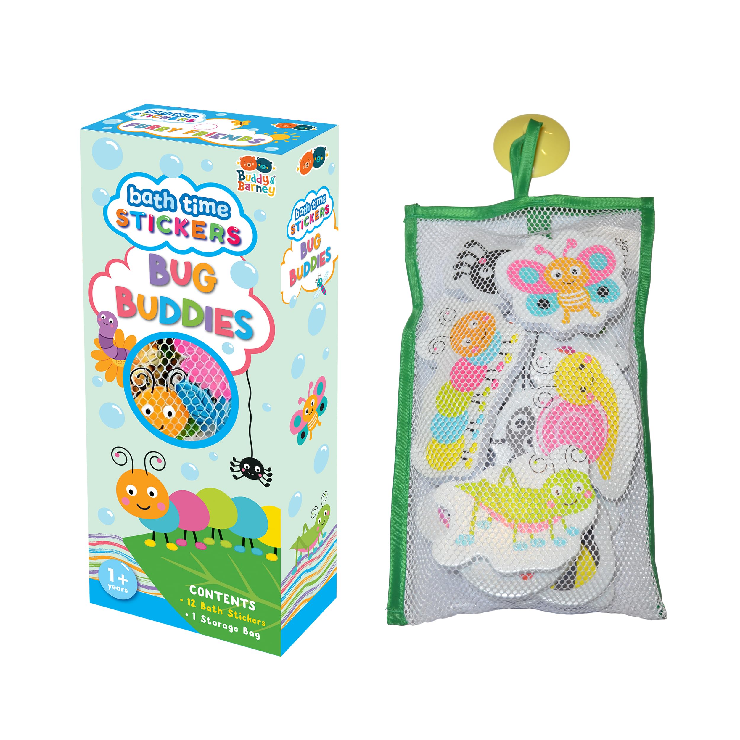 Buddy & Barney: Bath Time Stickers - Bug Buddies - 12 Reusable Chunky Foam Pieces, Insect Characters, Mesh Storage, Water & Tub Toy, Kids-Toddlers 1+