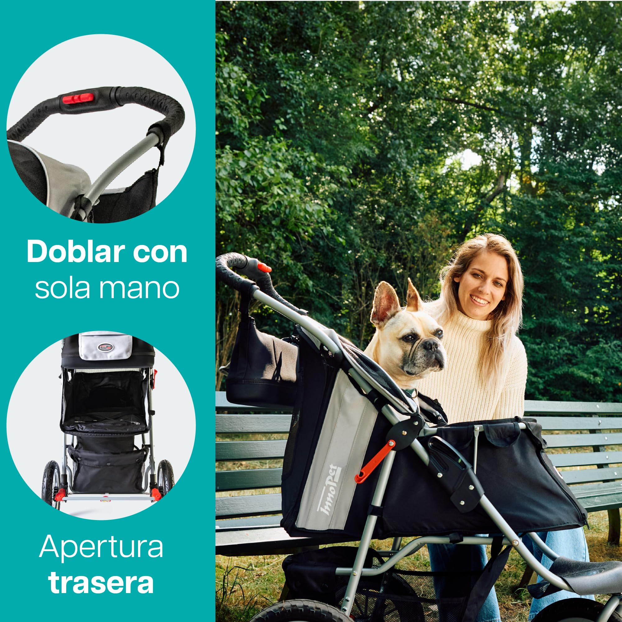 Innopet Comfort Air Eco negro/plata - Cochecito para perros y gatos con ruedas neumáticas de 12”, plegado con una mano, tejido reciclado y organizador