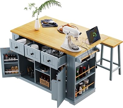 53inch Large Kitchen Island with Drop Leaf,Power Outlet,Door Internal Storage Rack,Rolling Kitchen Cart on 5 Wheels with 5 Open Side Racks for Kitchen,Dining Room Not include bar stools Grey Blue