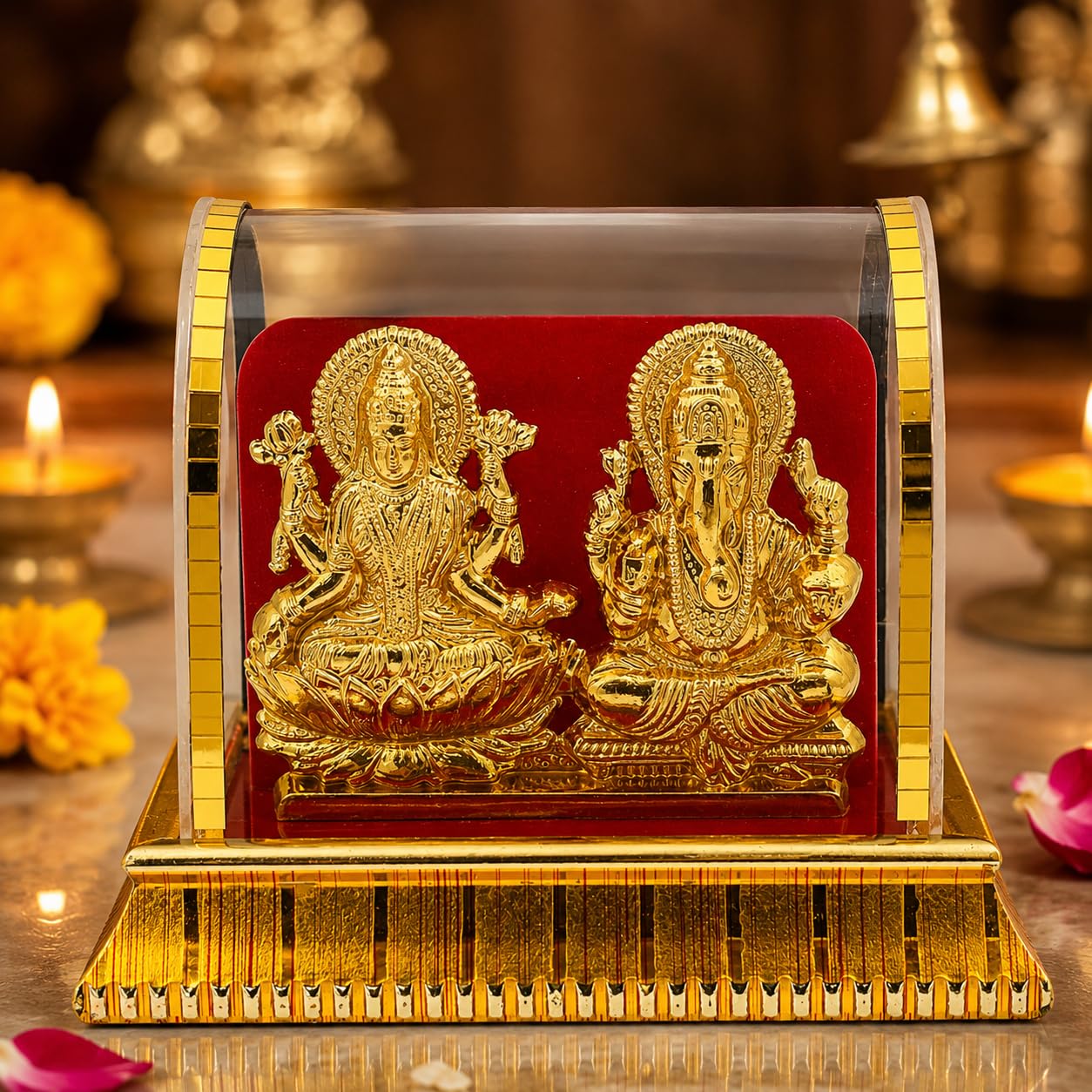 Golden Lord Ganesh & Maa Lakshmi Acrylic Idol | Hindu God Ganpathi & Goddess Laxmi | Pooja Mandir | Car Dashboard | Office Table Top Decorative Showpiece (8 cm x 9 cm x 6 cm)-image-33