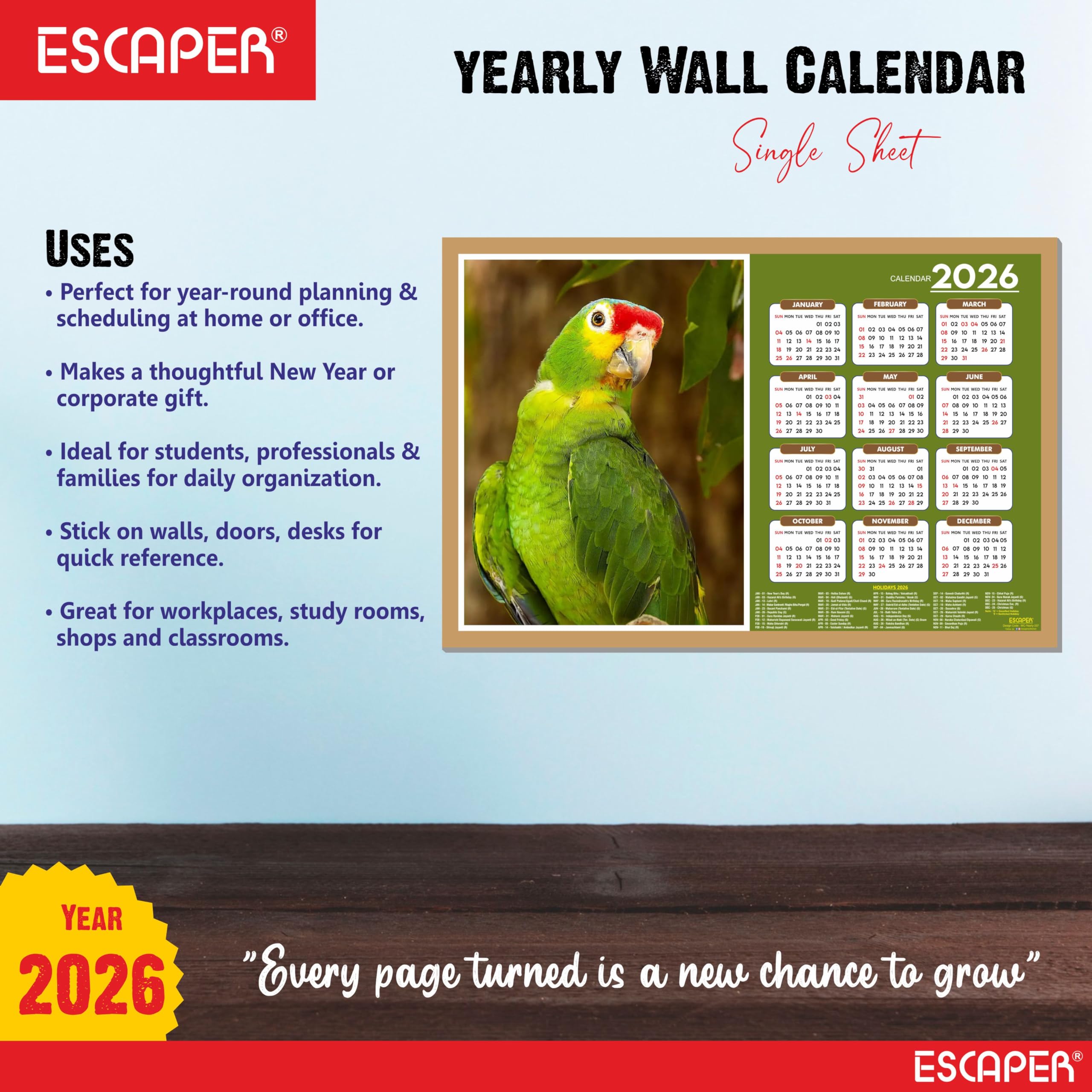 ESCAPER Calendario de pared 2026 con temática de pájaros lindos, 45 x 30 cm, loros verdes, decoración de habitación infantil, calendario colgante para el hogar y regalo