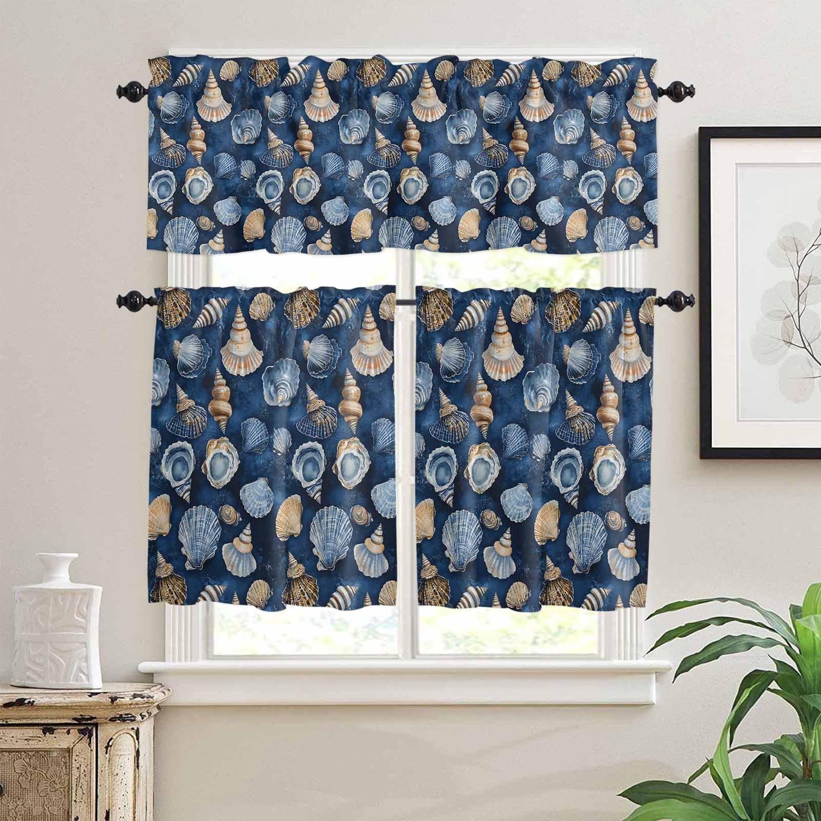 Navy Blue Coastal Kitchen Curtains 36 Inch Length, 3 Piece Rod Pocket Small Half Tiers and Valance Set, Nautical Summer Beach Shell Conch Small Large Window Treatment Decor for Bedroom/Bathroom Sink