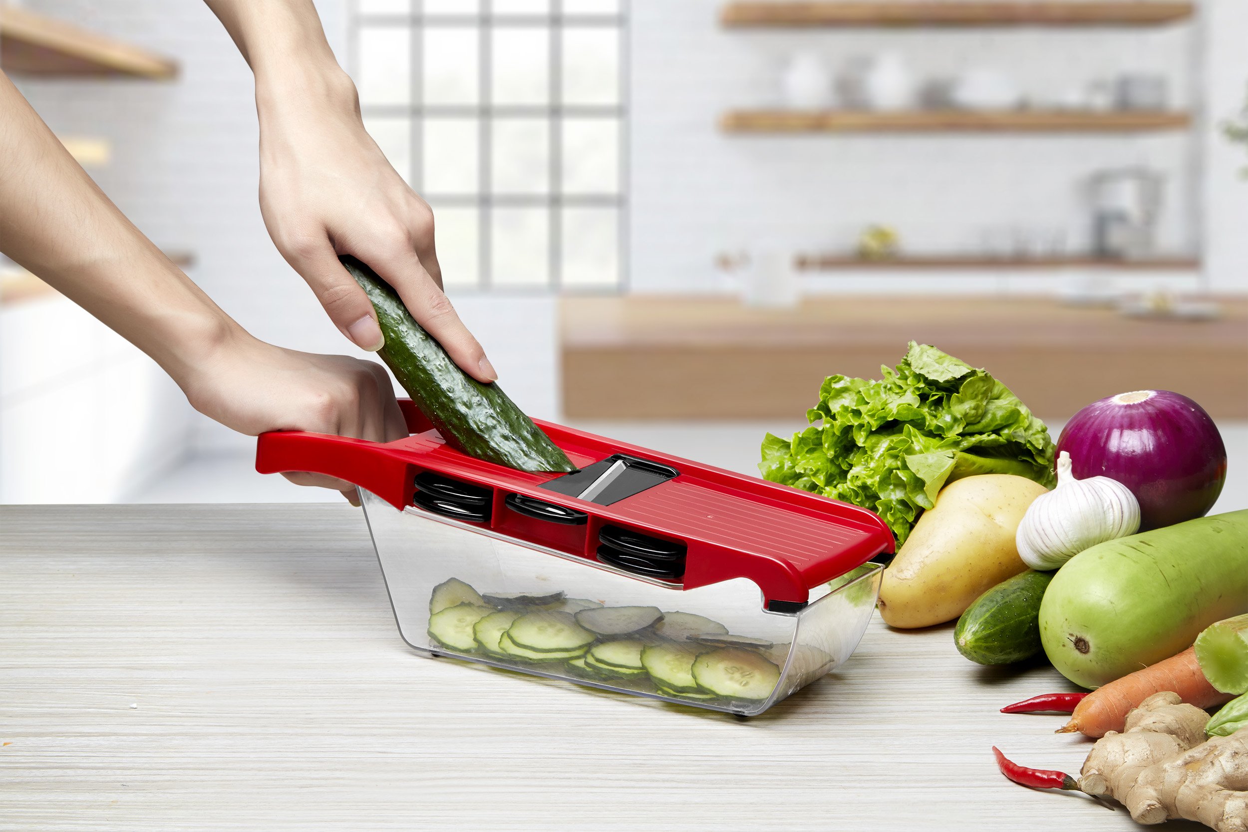 Vegetable Mandoline Slicer Cutter Julienne Grater with 6 Stainless Steel Interchangeable Blades, Container, plus a BONUS Peeler | Cusinetec USA