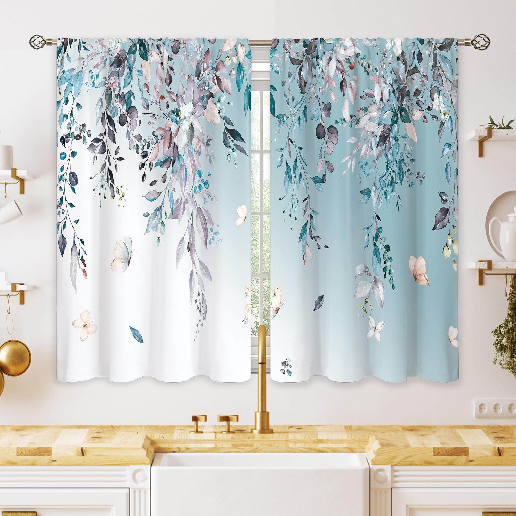 oolygoo Blue Grey Eucalyptus Botanical Leaves Floral Window Curtains Boho Butterfly Farmhouse Flower Leaf Rod Pocket Curtain Drapes Curtains for
