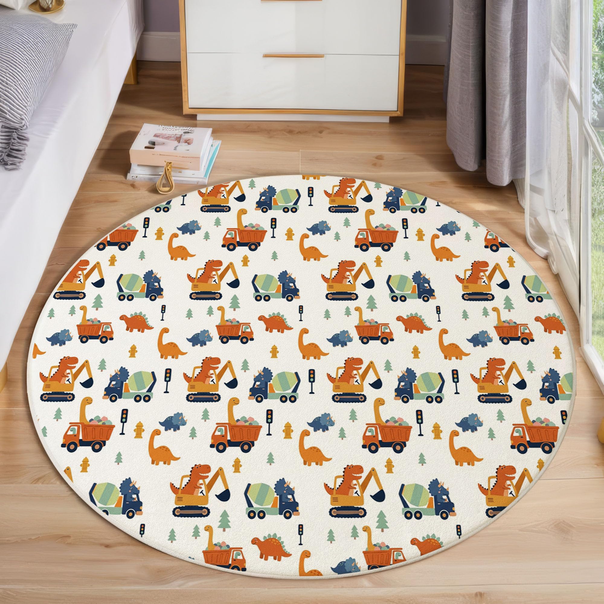 Tappeto Rotondo Veicoli Costruzione Cartoni Animati a Pelo Corto - Rund 100cm, Tappeto Circolar Tyrannosaurus Rex Excavator, Fondo Antiscivolo, Lavabile per Cameretta dei Bambini, Scendiletto