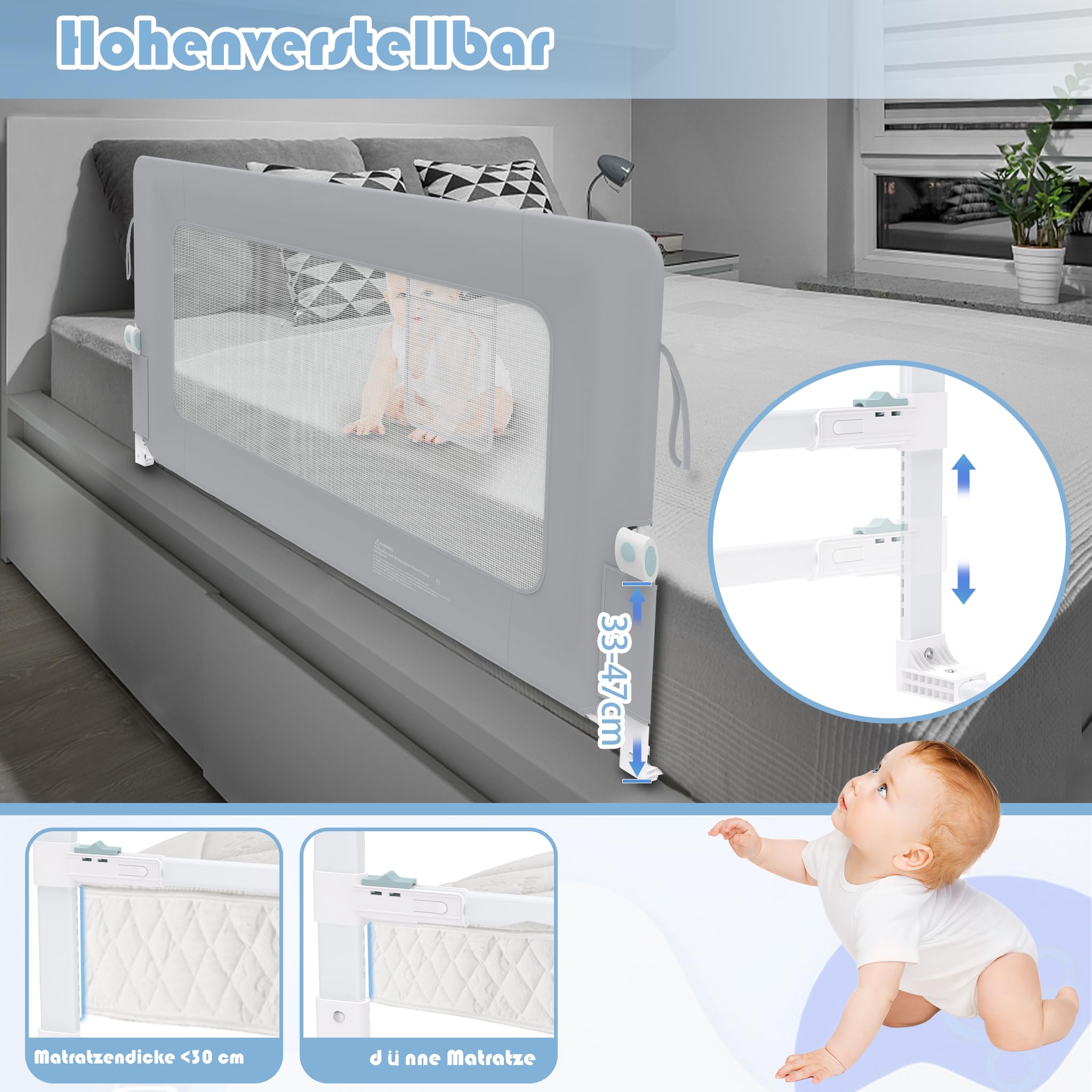 FIVMEN Griglia di protezione per letto da 180 cm, regolabile in altezza, per bambini, pieghevole, a 180 gradi, per lettino, letto dei genitori, grigio