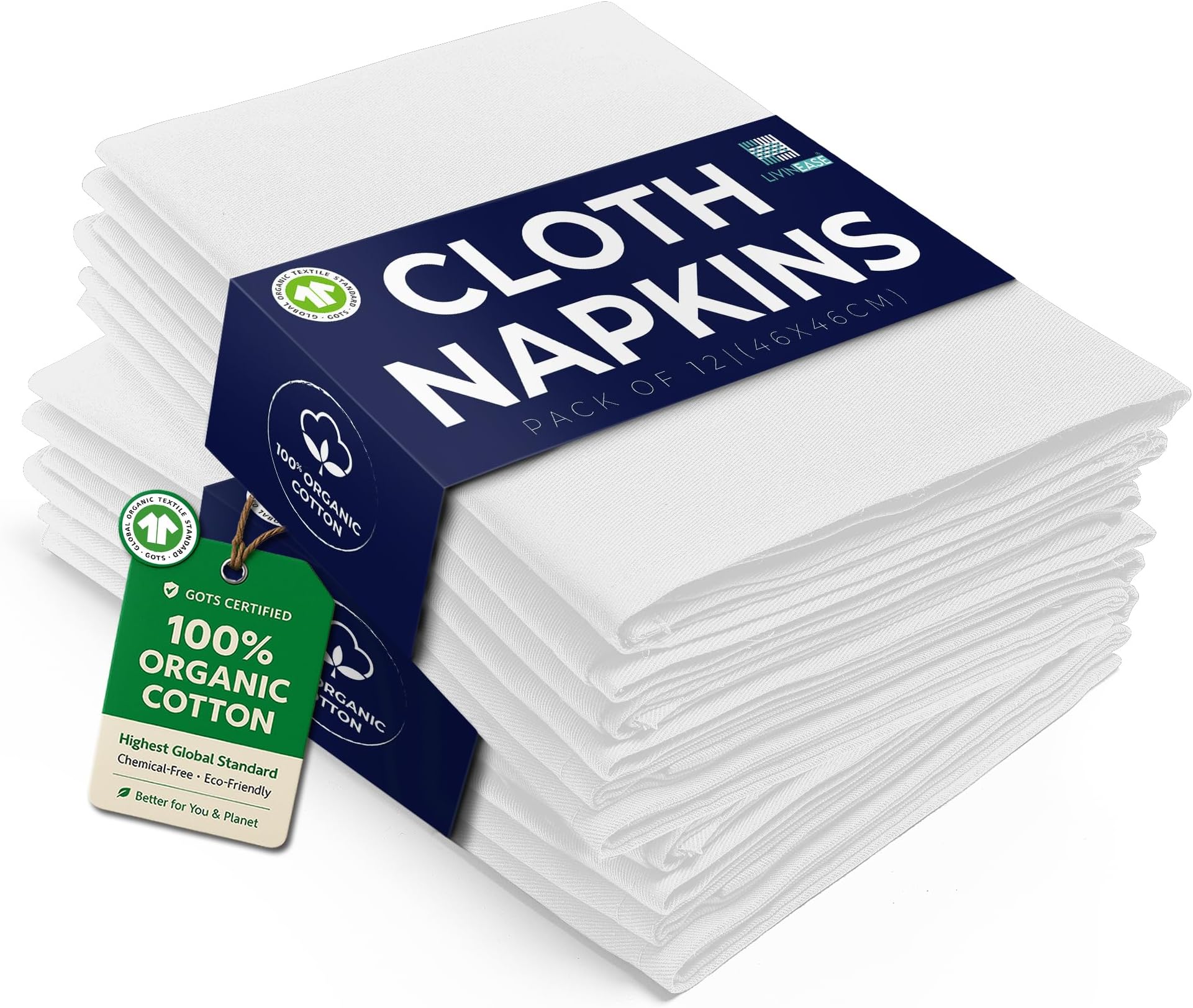 LivinEase 12-Pack White Cotton Cloth Napkins - 100% Organic, Heavy Weight, Reusable, 46 x 46 cm