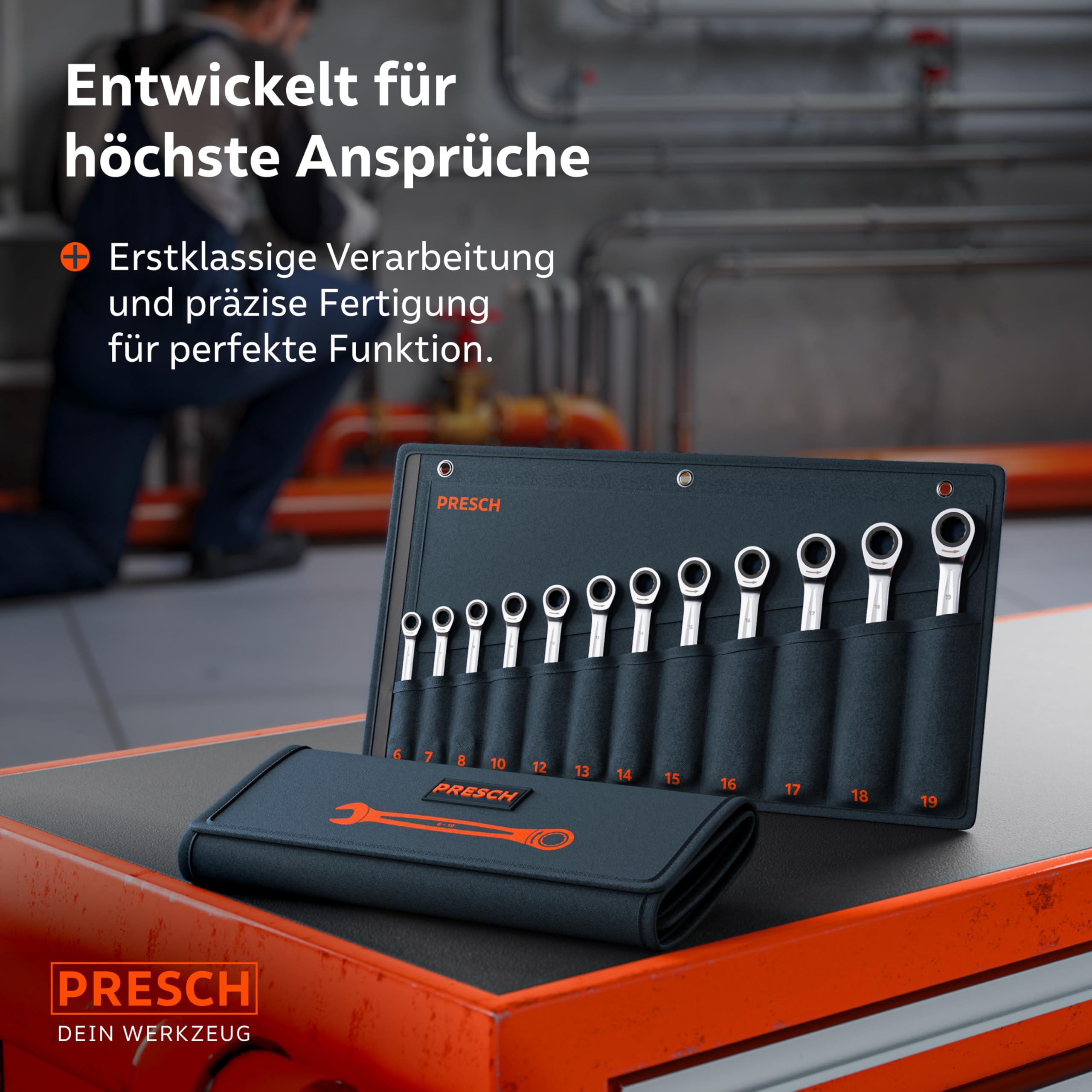 PRESCH Ratschenschlüssel Set 12tlg. (6-19mm) inkl. Tasche - Minimaler Rückholwinkel (Bis zu 4°, 90 Zähne) - Robuste, präzisionsgefertigte Ringratschenschlüssel