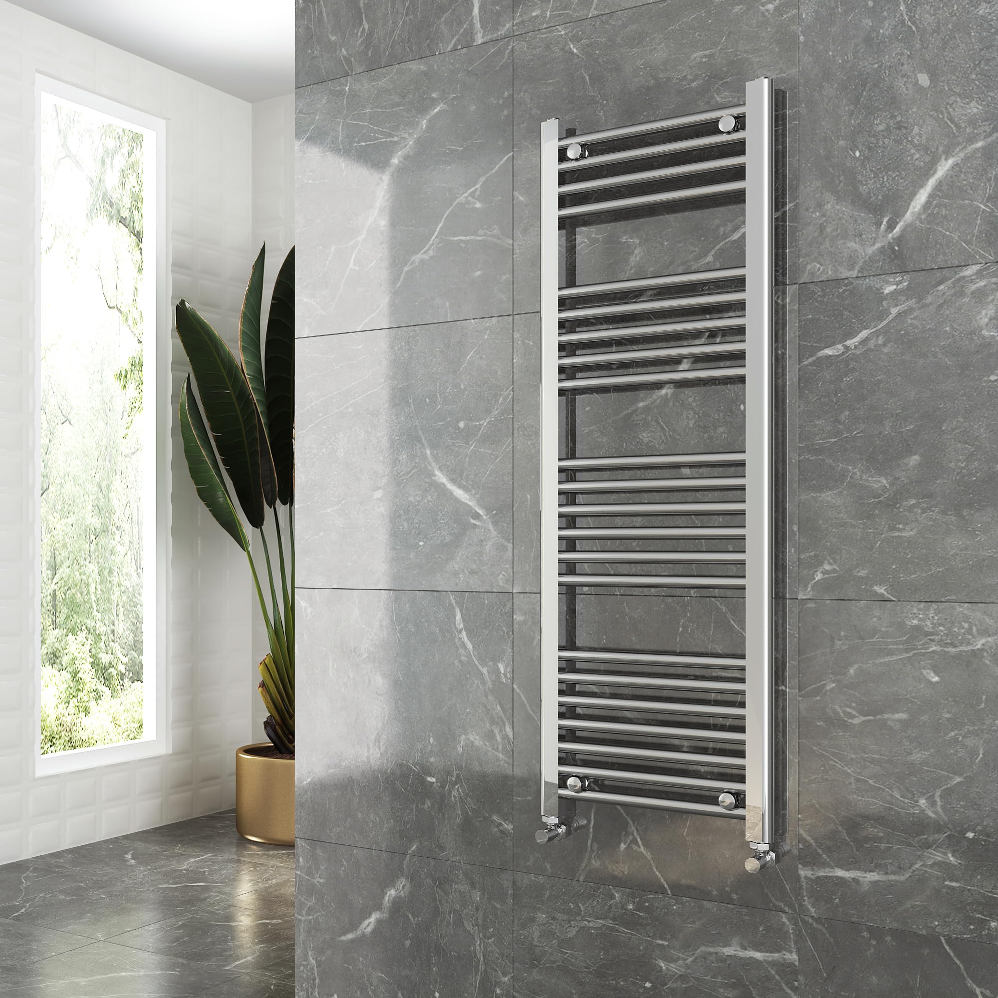 400mm (w) x 1200mm (h) Straight Chrome Heated Towel Ladder Rail Bathroom Radiator - 1637 BTUs