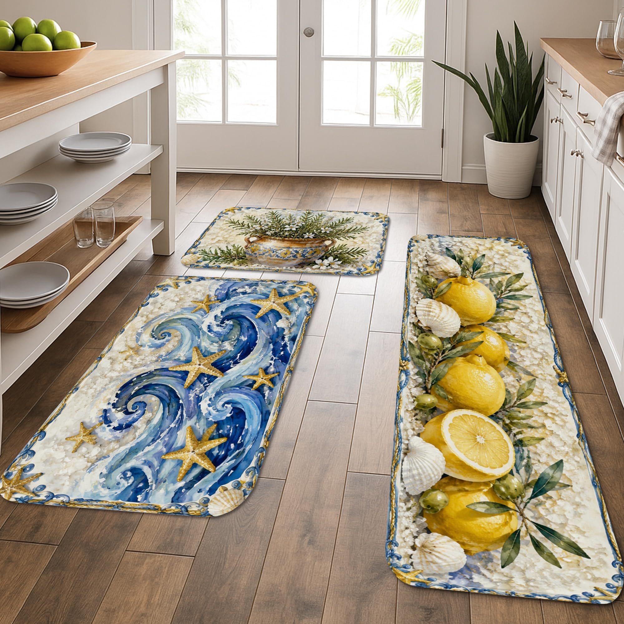 Tapis de cuisine côtiers lavables déco vagues bleues et jaunes
