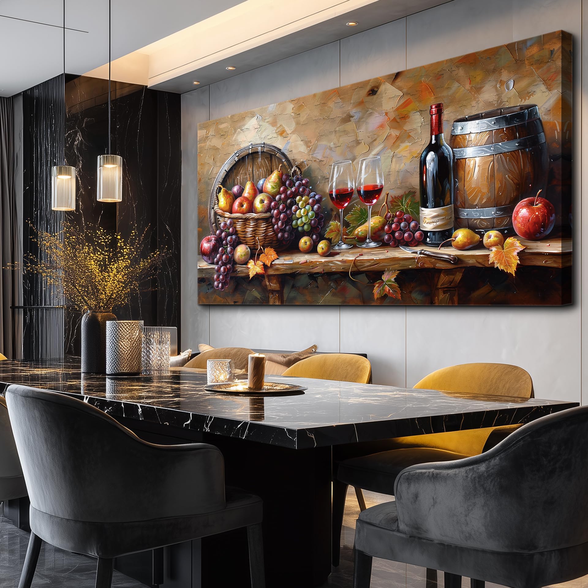 XIGUANGART Wall Art for Kitchen Grape Barrel Painting Red Wine Glass Artwork Prints for Dinning Room Bar Large Canvas Wall Decor for Living Room Office Fruit Still Life Picture Modern Home Decoration