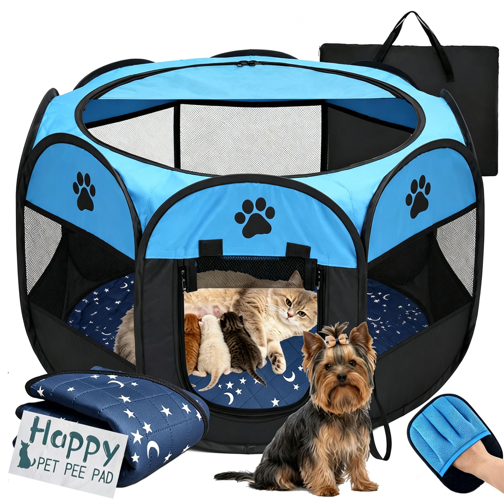 Box per gatti 3 in 1 per gatti chiuso, con cuscinetto e guanto lavabili, box portatile pop-up per cani, tenda pieghevole per animali domestici, per gattini, cuccioli, conigli, piccoli animali