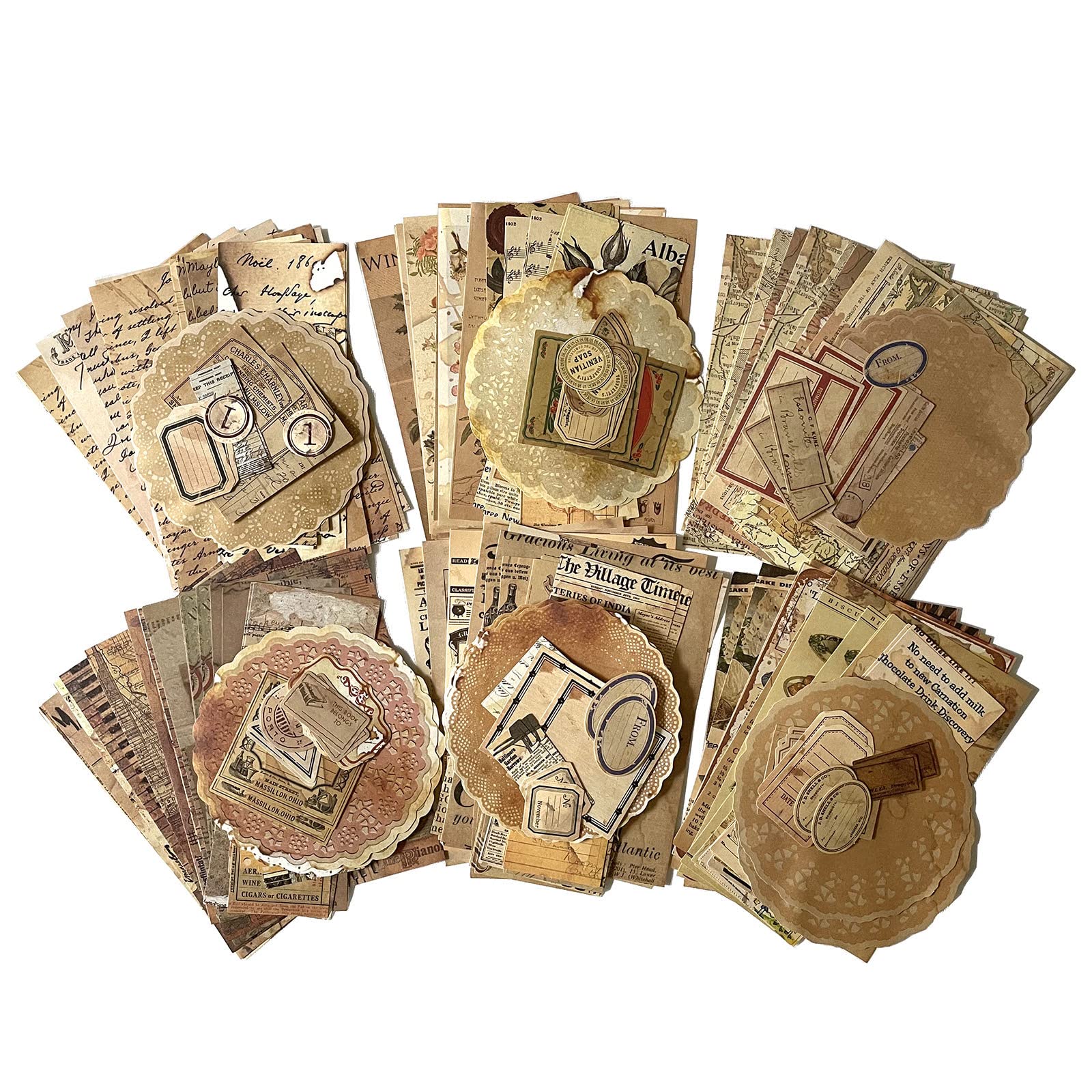 Maxleaf Vintage Time Collection Material Pack - 240PCS Vintage Plants Flowers Newspapers Maps Foods Collection Material Pack for Planners Scrapbook Journals, 6Series Vintage Scrapbook Supplies