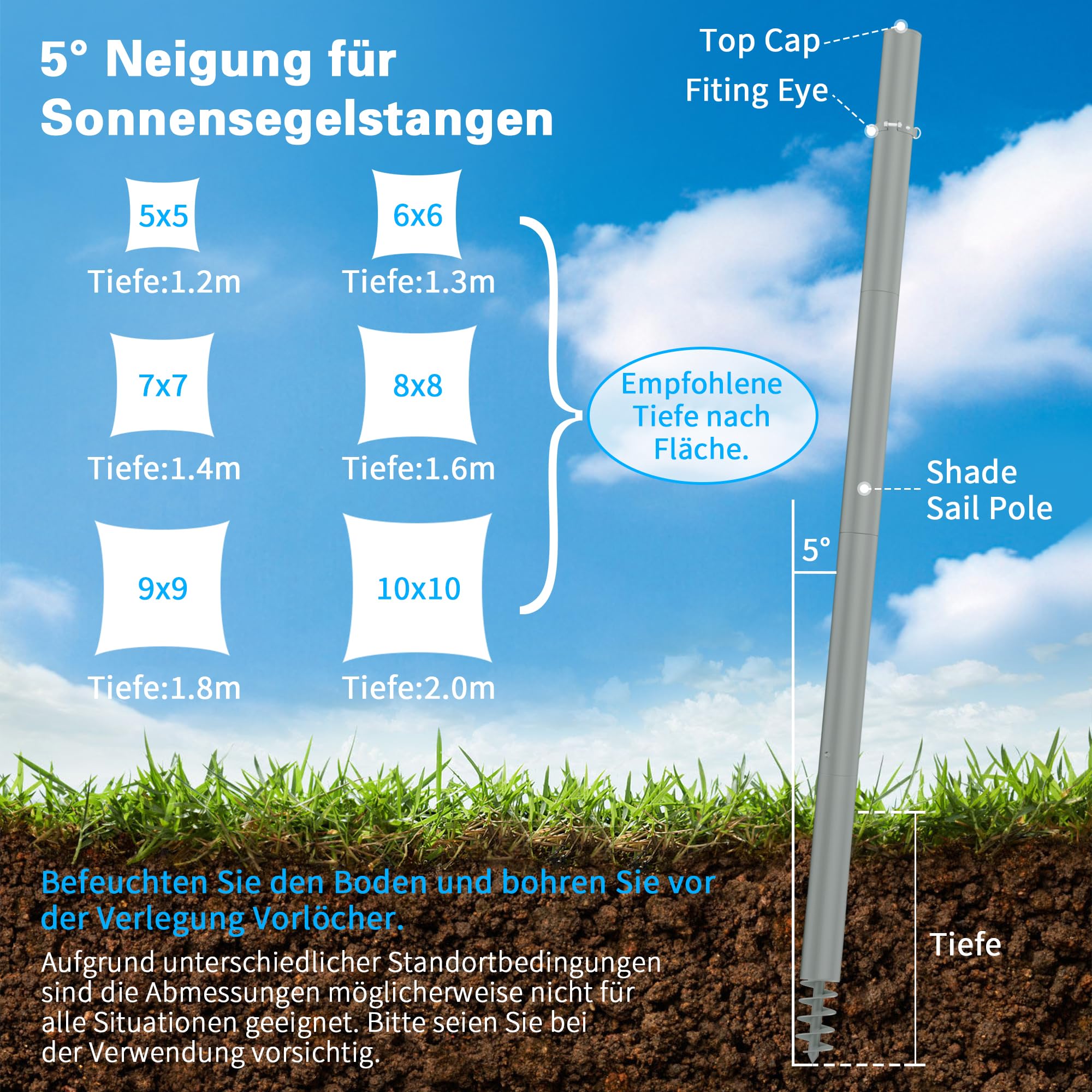 3,6 M Sonnensegel Mast, ⌀60mm Höhenverst pfosten inkl. D-Ring, 2er | für Terrasse, Garten, Pool, Sonnensegel pfosten ⌀60x3mm, rostfrei, wetterfest, verst. Stahlrohr, schnell montiert