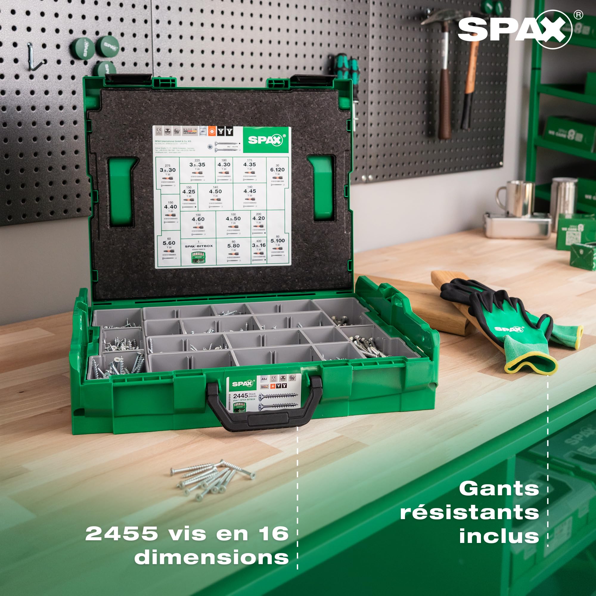 SPAX Coffret de montage - L-BOXX grande avec 2.445 vis à tête fraisée en 16 dimensions, WIROX A9J, T-STAR plus, incl. gants de travail et BITBOX, 8000000294532