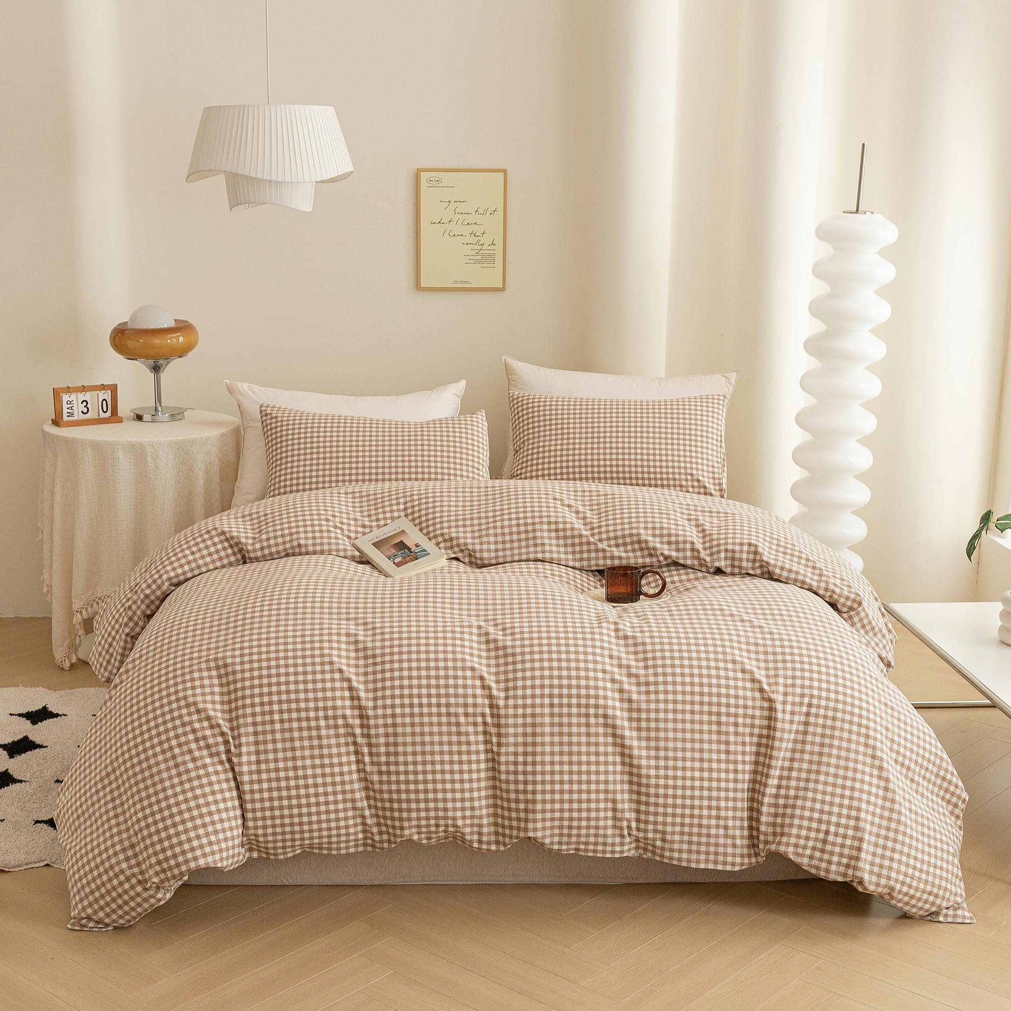 ECOCOTT Gingham Duvet Cover King Size 100% Washed Cotton Like Linen Feel Super Soft &amp; Comfy Bedding Set Modern Checkered Design for All Seasons