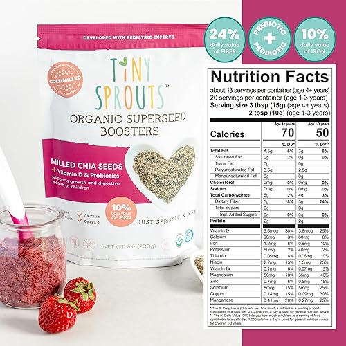 Miniatura 3 de Tiny Sprouts - Semilla de lino molida orgánica, semillas de chía molida y corazones de cáñamo orgánico + probiótico de porción completa + refuerzo