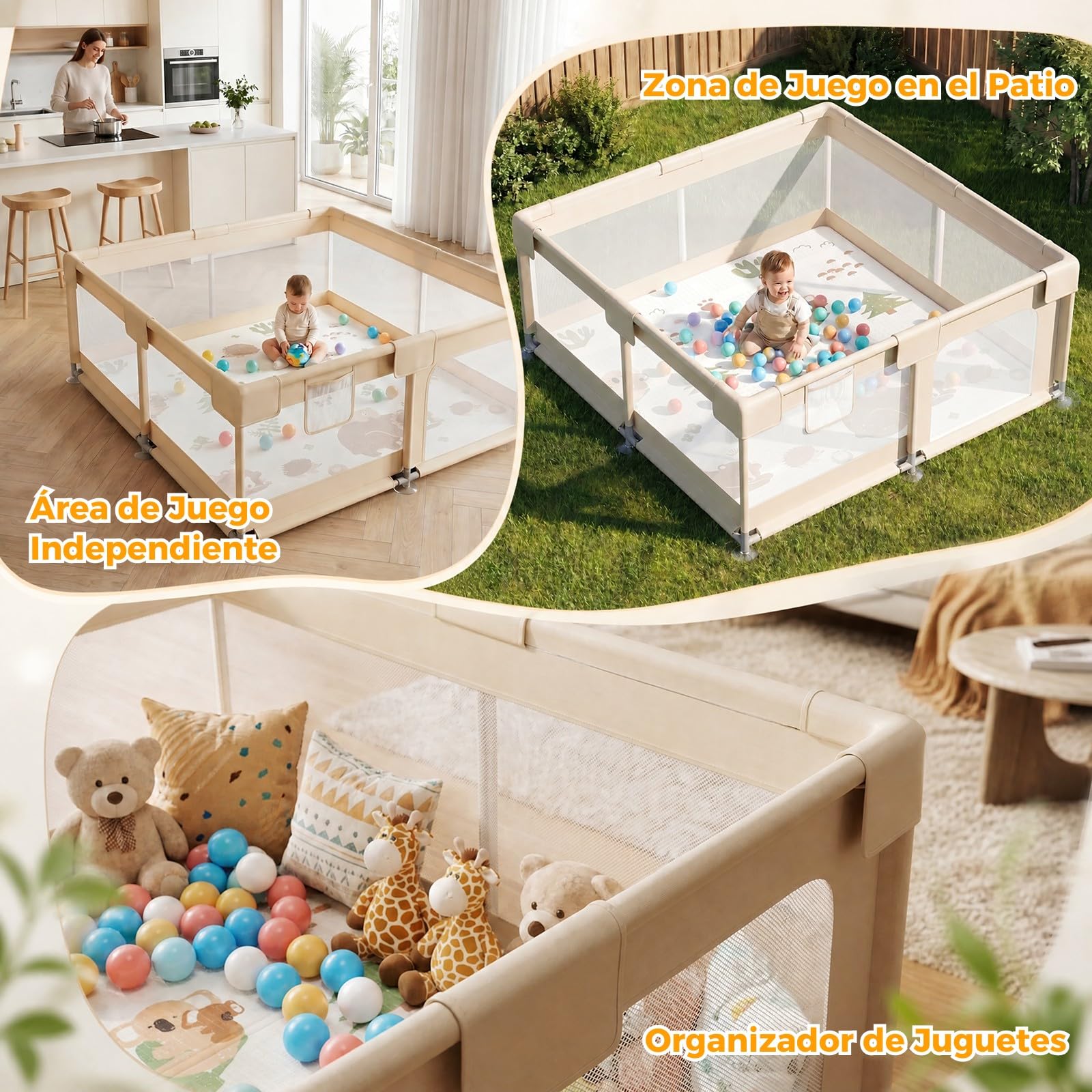 Beige Parque Infantil Bebe con Alfombra - 150x150cm Corralito Bebe | Tela Oxford resistente, malla transpirable 360°, estructura estable, ventosas potentes y 4 anillas