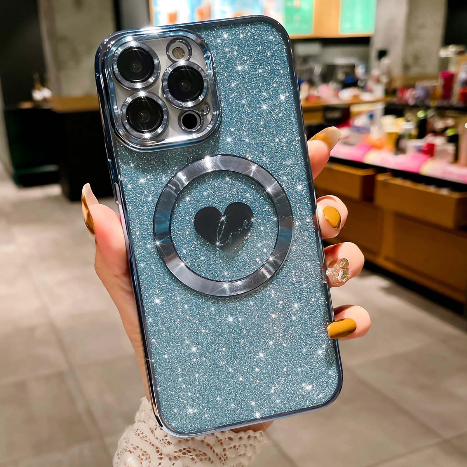 ❣️iPhone15マグネットケース 豪華メッキ ハート型ケース ブルー ❣️iPhone15マグネットケース 豪華メッキ ハート型ケース ブルー